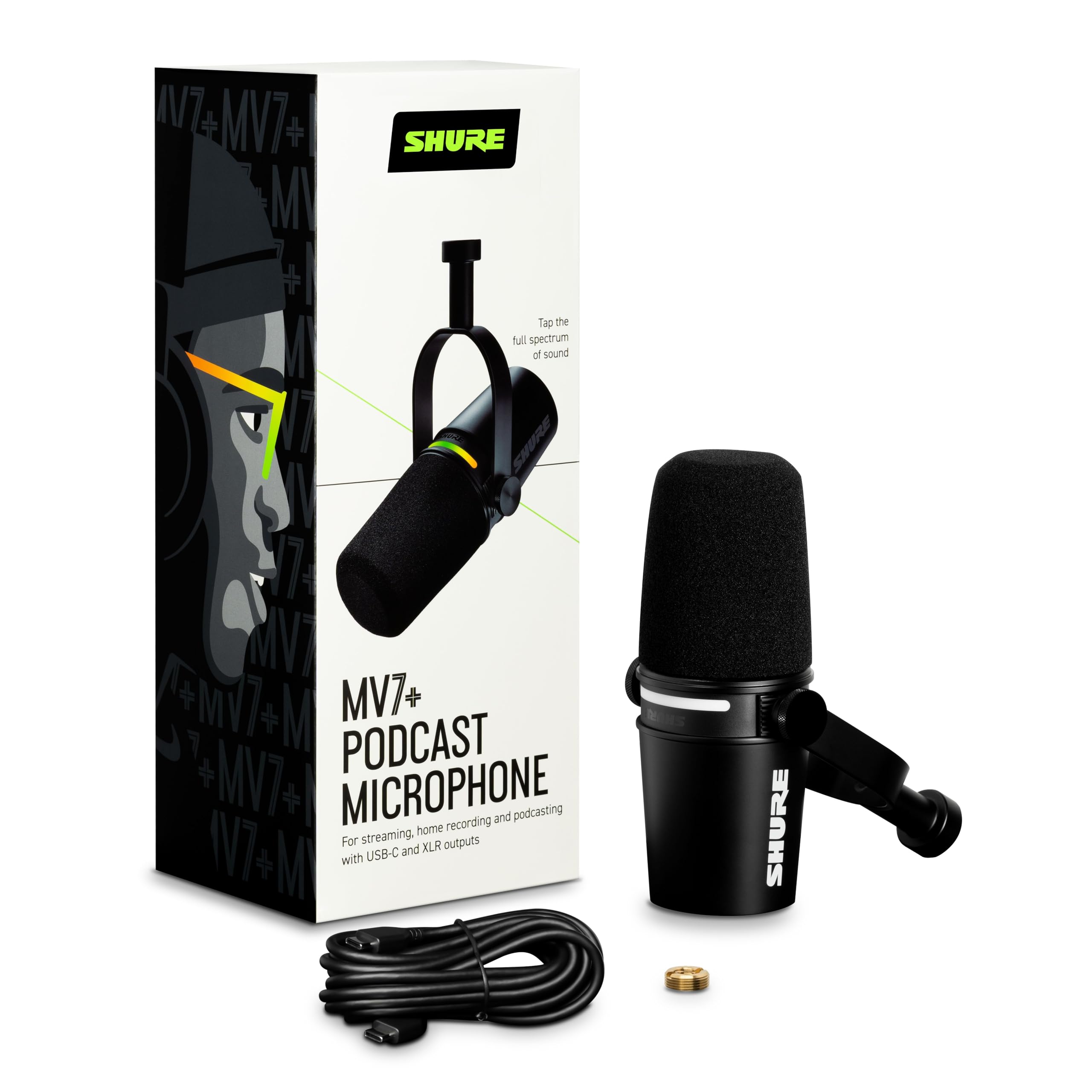 Shure MV7+ Podcast Dynamic Microphone. OBS Certified, Enhanced Audio, LED Touch Panel, USB-C & XLR Outputs, Auto Level Mode, Digital Pop Filter, Reverb Effects, Podcasting, Streaming, Recording -White: USB - Black