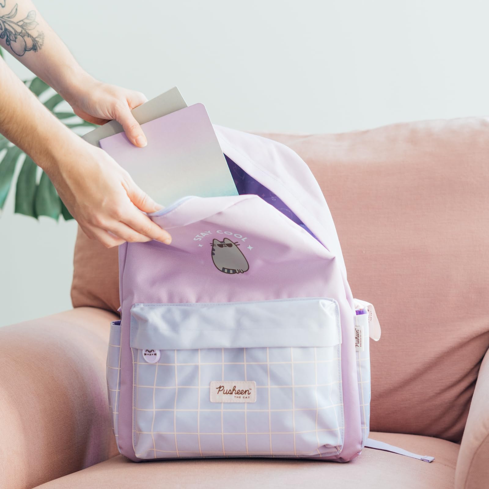 Pusheen School Backpack | Backpack Pusheen The Cat 25L, 20 x 29 x 42 cm, Adjustable Shoulder Straps, Front and 2 Side Pockets, Backpack for Girls or Girls, Kawaii Stationery, Purple, 20