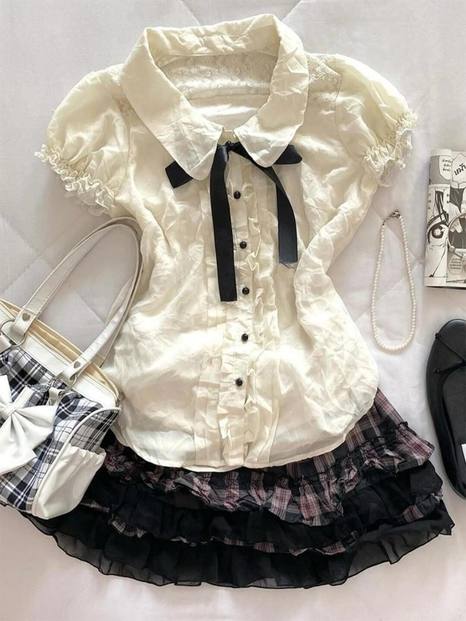 Wayolyn Lolita Shirts Kawaii Cute Clothes Blouse Lace Short Jirai Kei Fashion Puff Sleeve Shirt Ruffle Top with Bow Cutecore