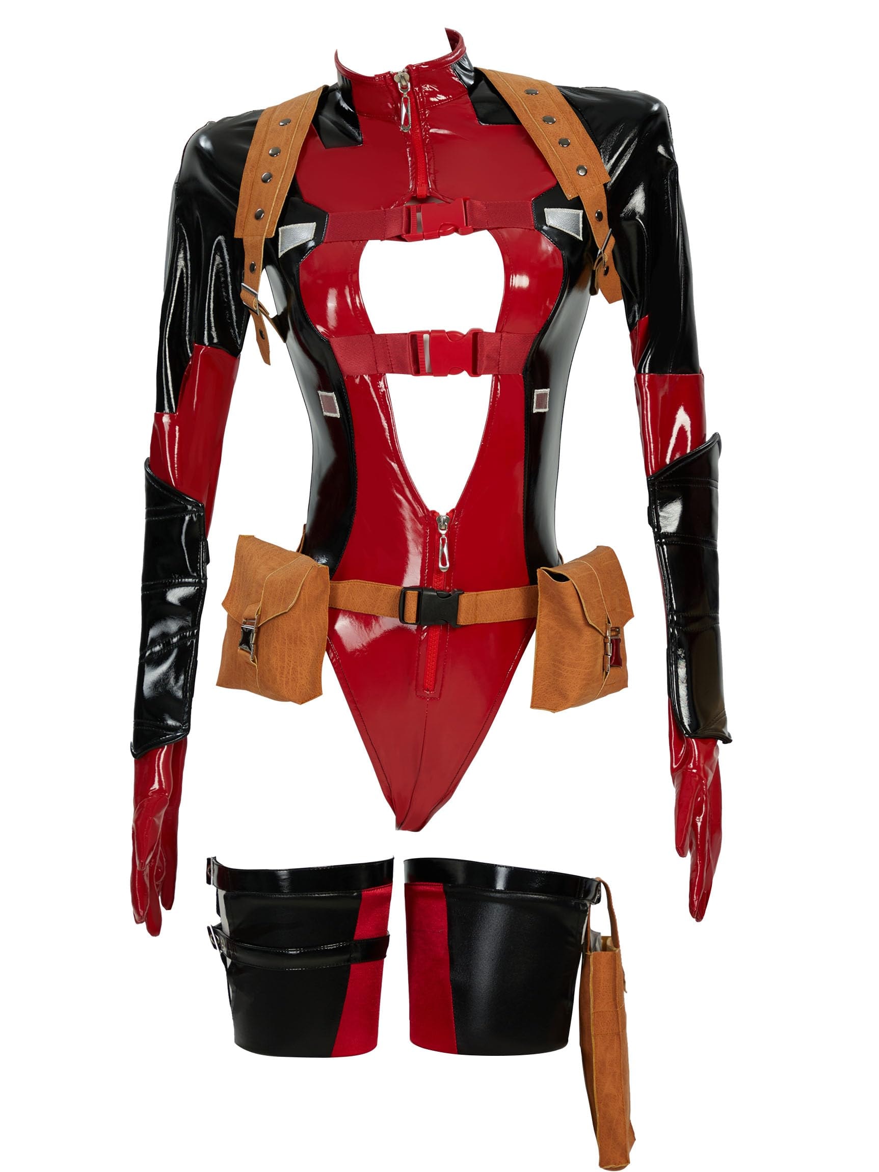 Mobbunny Movie Derivative Cosplay Costume for Women Bodycon Outfit Sexy Cutout Bodysuit with Holster Waist Bag and Socks: Small