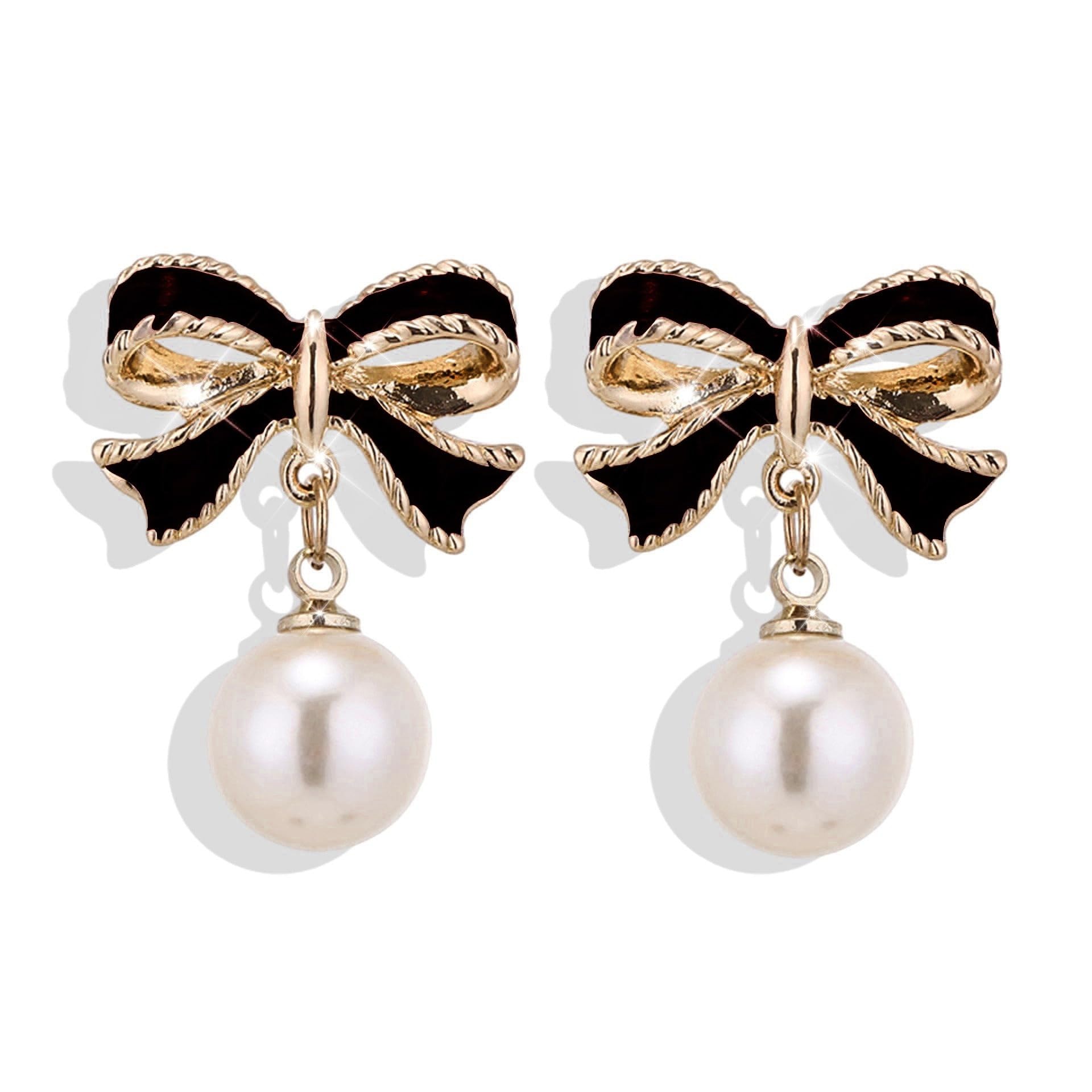 Twinkle Pearl Bow Dangle & 925 Silver Stud Earrings for Women & Girls | Pink and Gold Bow Ribbons Earrings | Holiday Birthday Jewelry Gifts for Her: Black