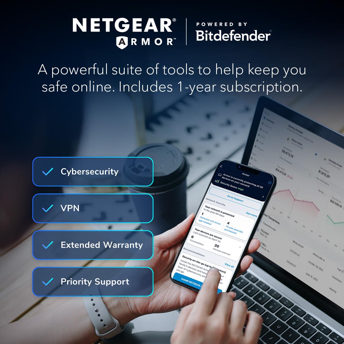 NETGEAR Nighthawk 6-Stream Dual-Band WiFi 6 Router (RAX54S) – Security Features, AX5400 Wireless Speed, Up to 5.4 Gbps, Covers up to 2,500 sq. ft., 25 Devices - 1-Year Armor Subscription Included: WiFi 6, 5.4Gbps