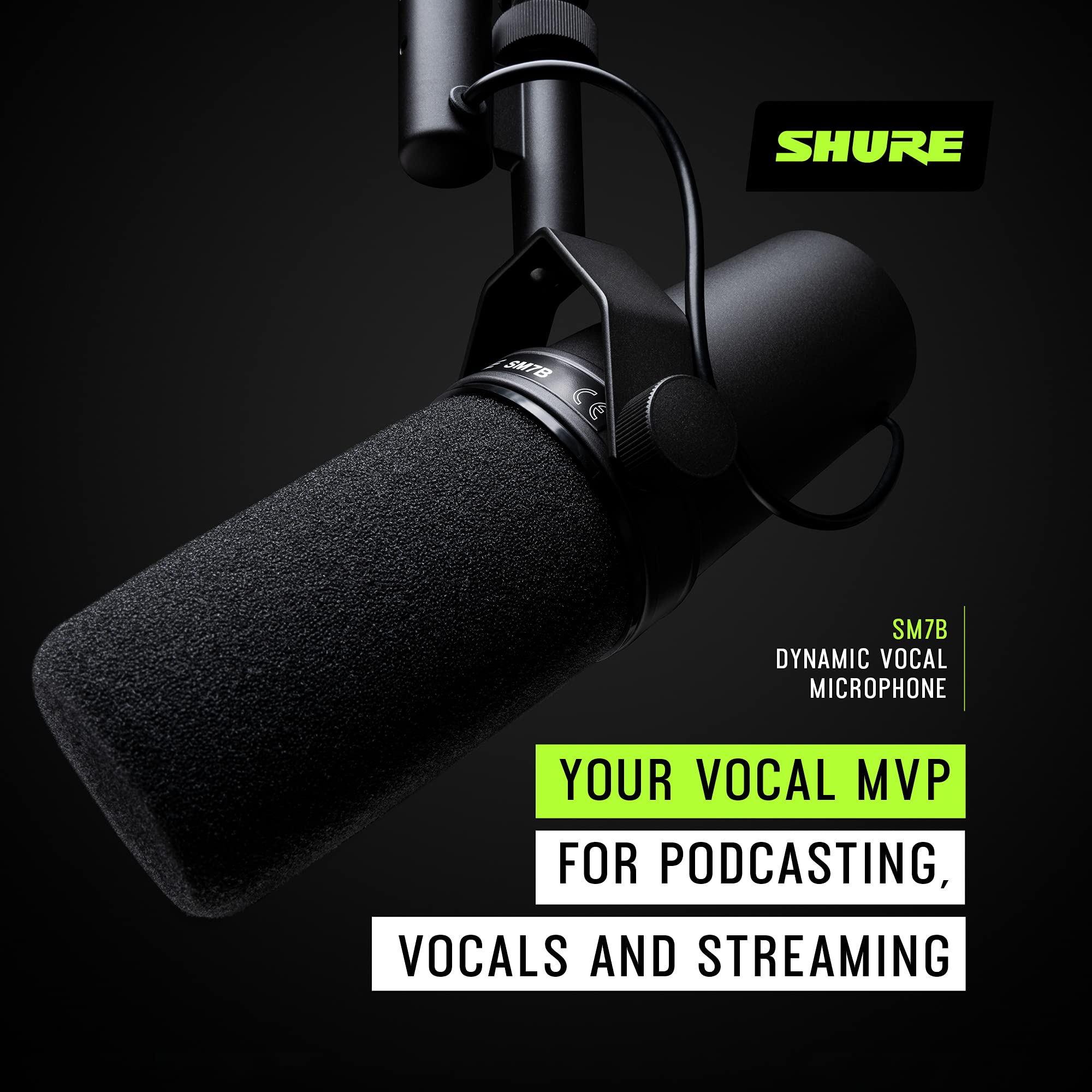 Shure  Microphone - Vocal Dynamic Studio Mic for Broadcast, Podcast, Recording, Gaming & Streaming, XLR, Rugged Construction, Detachable Windscreen, Smooth Sound, Warm Vocals, Wide-Range Frequency: SM7B