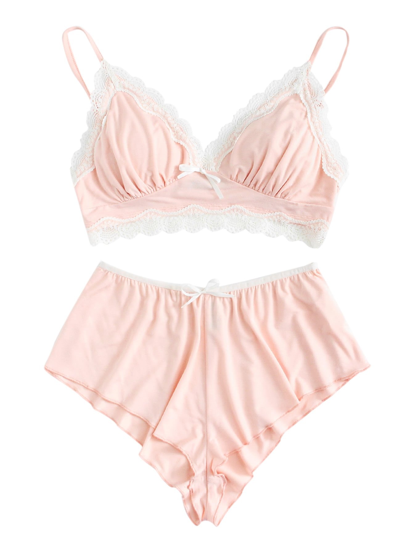 SweatyRocks Women's Lace Trim Underwear Lingerie Straps Bralette and Panty Set: Large Lace Pink