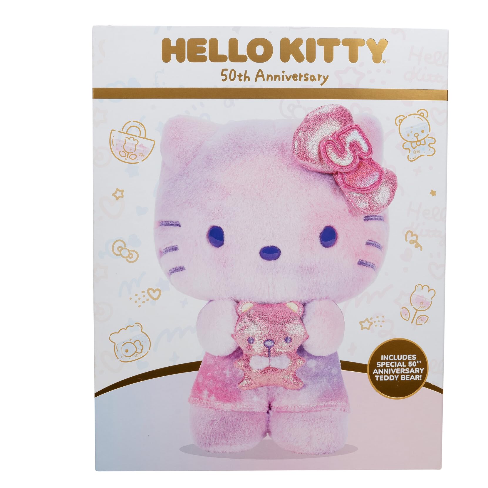 Hello Kitty and Friends, 50th Anniversary 8-inch Hello Kitty Plush with 50th Anniversary Teddy Bear - 5 Decades of Friendship - Officially Licensed Sanrio Product from Jazwares
