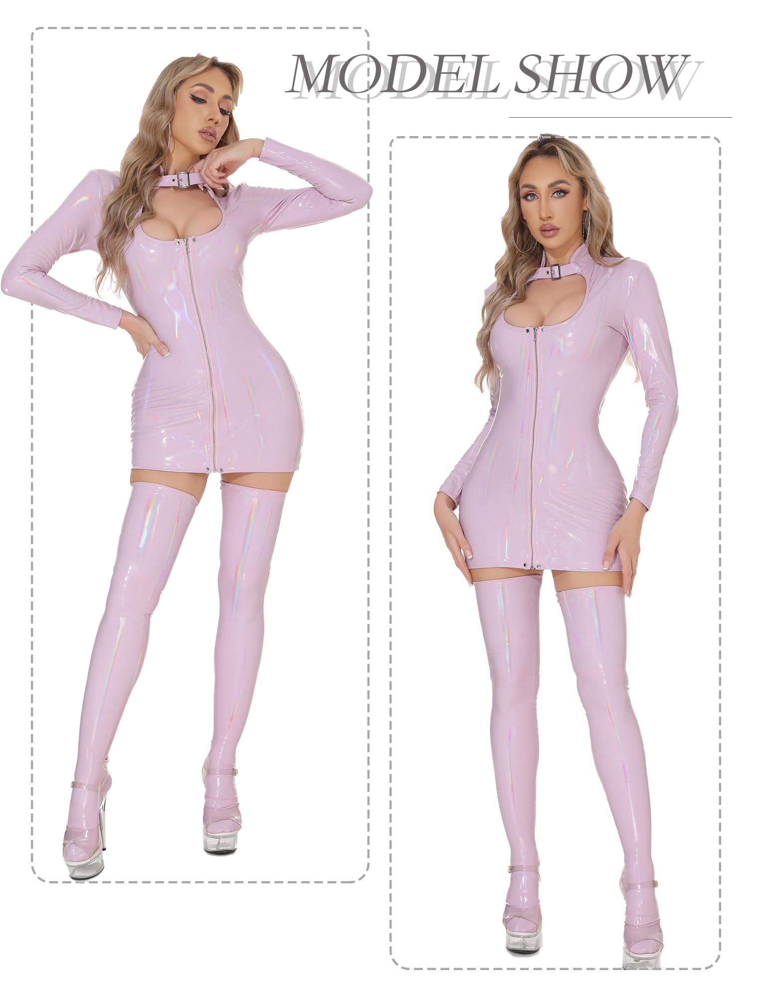 FEOYA Dominatrice Outfits Women Leather Pink Latex Mini Dress Sexy PU Wet Look Lingerie Outfits Halloween Costume: Purple Small
