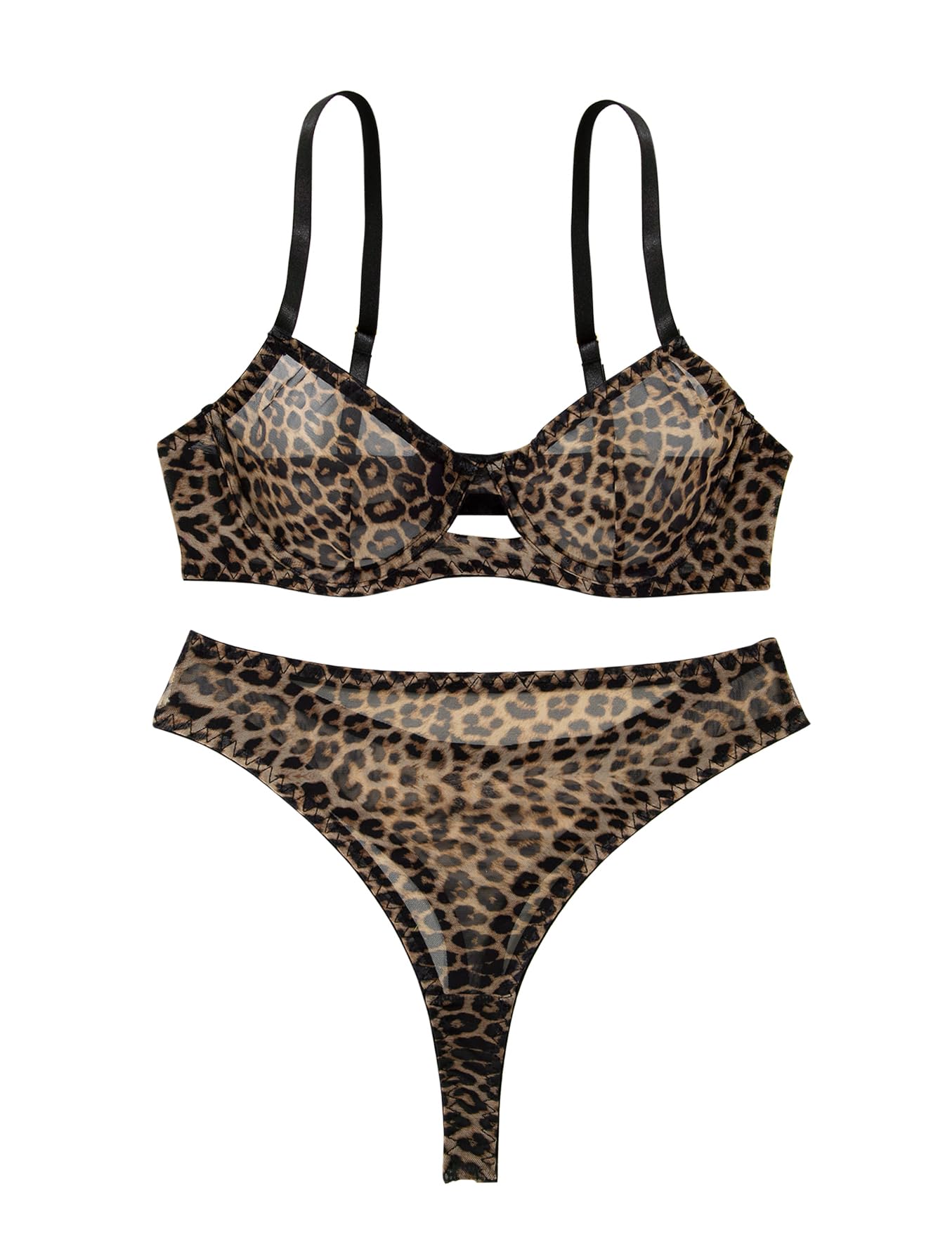Lilosy Sexy Mesh Sheer Push Up Lingerie Set: Underwire Medium Underwire Leopard