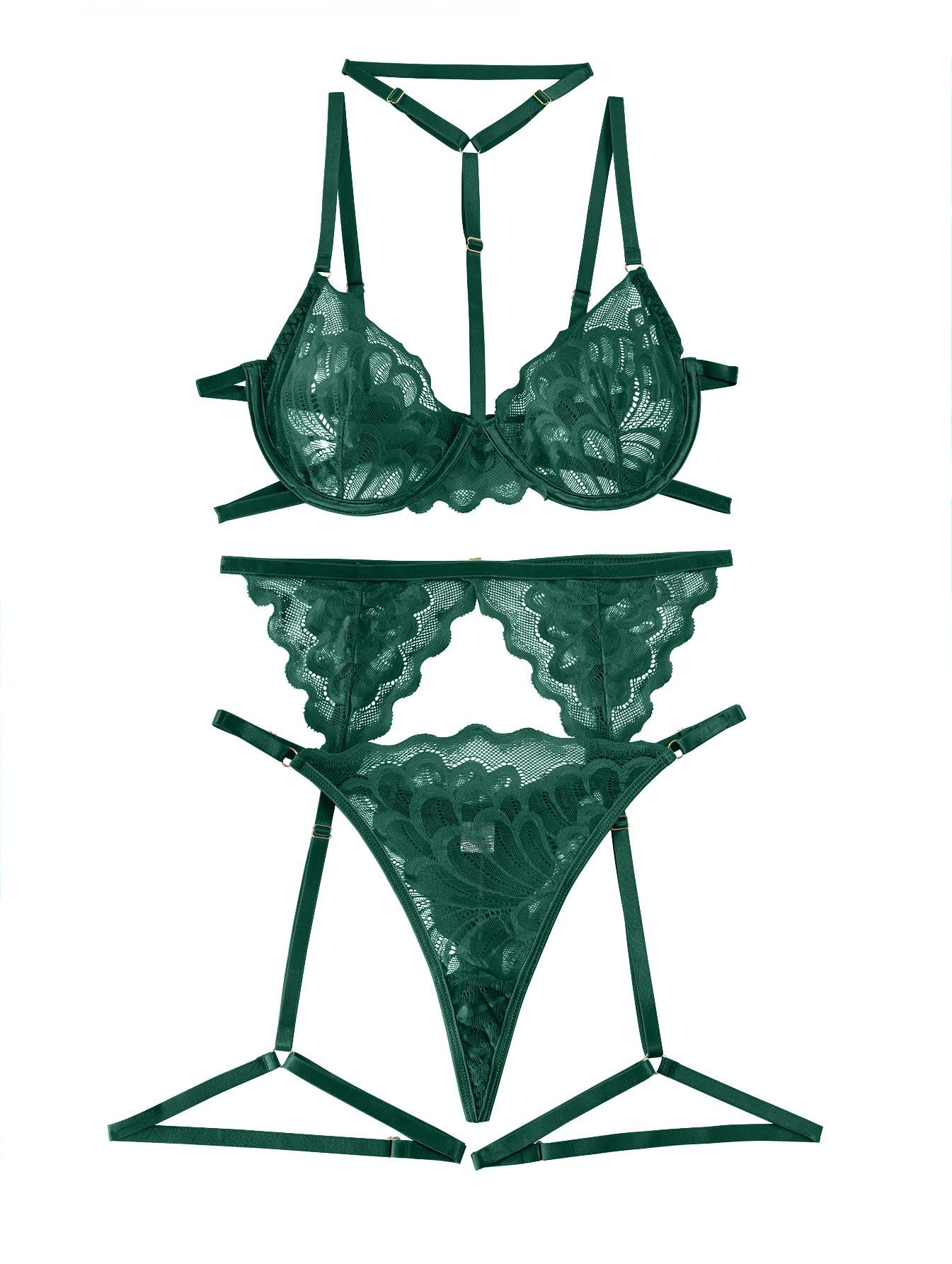 Lilosy Sexy Choker Floral Lace Underwire Push Up Garter Belt Lingerie Set for Women Sheer Bra and Panty 3 Piece: Small Army Green