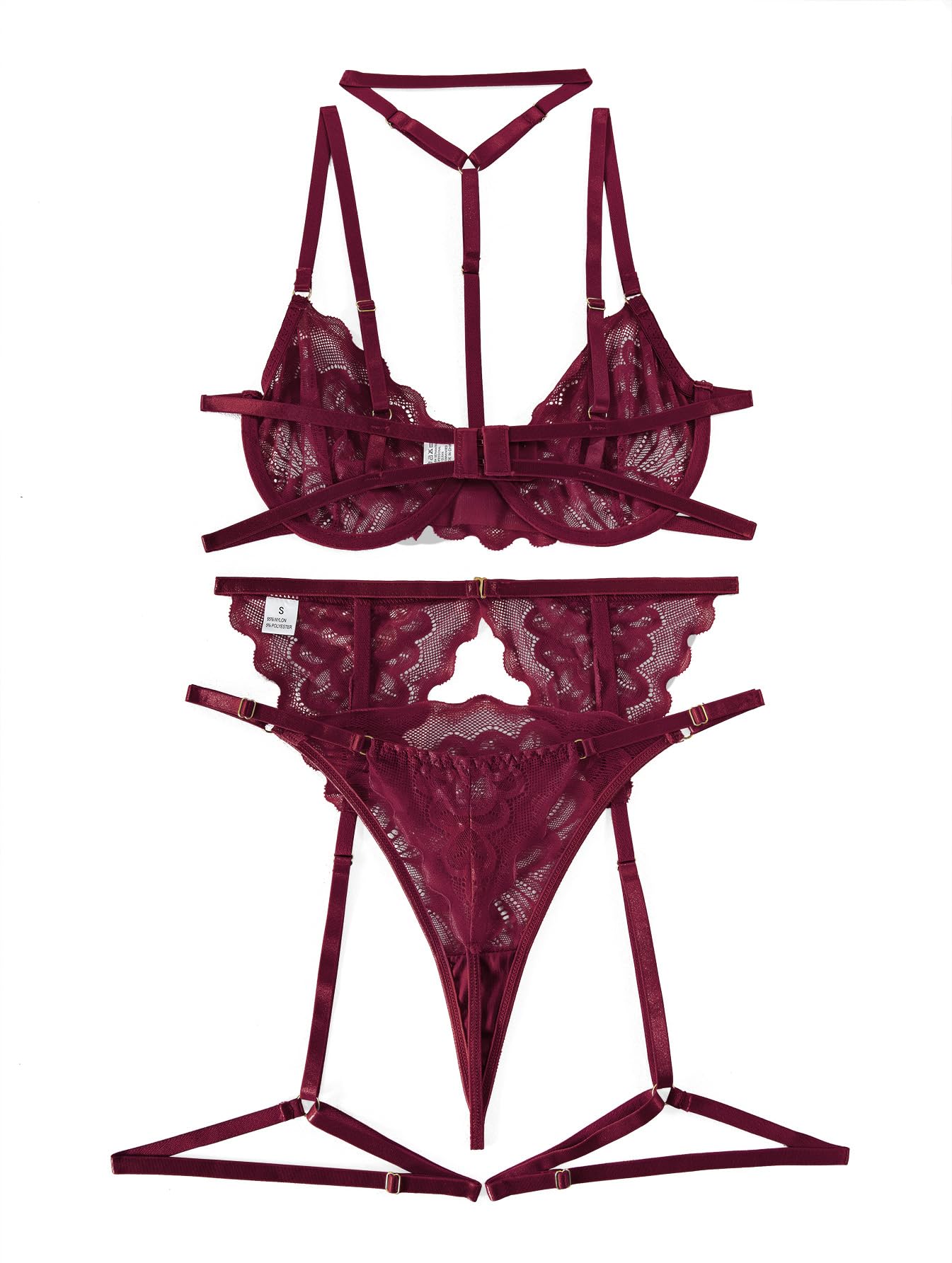 Lilosy Sexy Choker Floral Lace Underwire Push Up Garter Belt Lingerie Set for Women Sheer Bra and Panty 3 Piece: Medium Burgundy Red