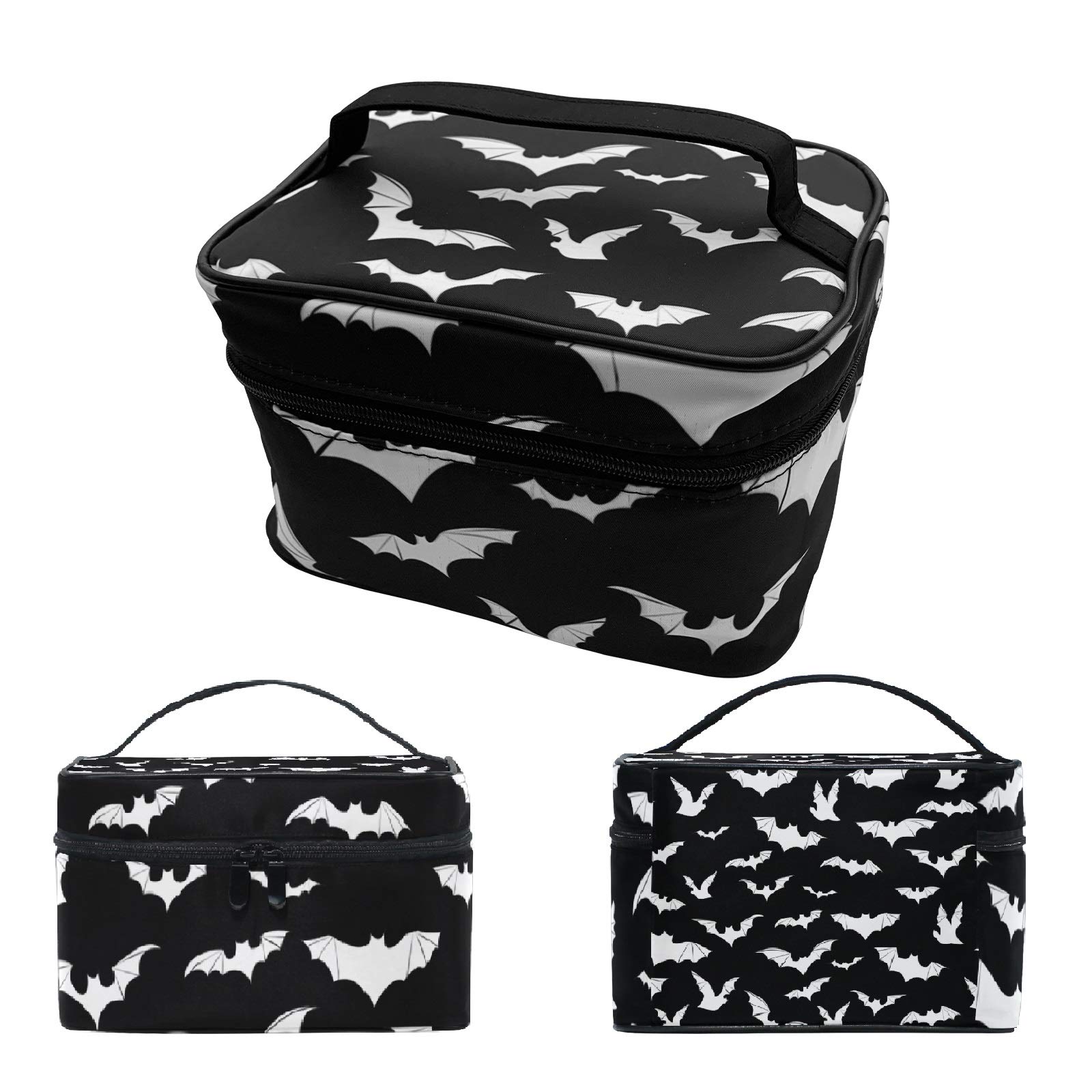 9CH Goth Makeup Organizer Bag, Halloween Makeup Bags Large Cosmetic Bag with Adjustable Dividers Portable Bat Cosmetic Case for Make up Brushes Toiletry Jewelry（Black Bats） thumbnail 5