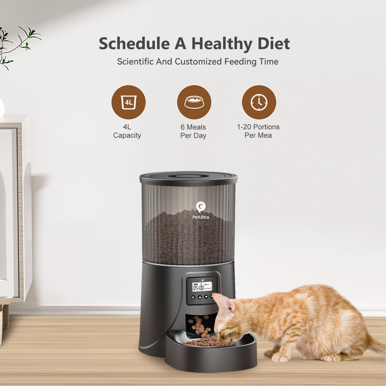PETULTRA Automatic Cat Feeder: 4L Timed Cats Food Dispenser Programmable 1-6 Meal for Cat and Small Medium Dog- Auto Pet Feeder Easy to Set Up Dual Power Supply with Desiccant Bag| Detachable Washable thumbnail 3