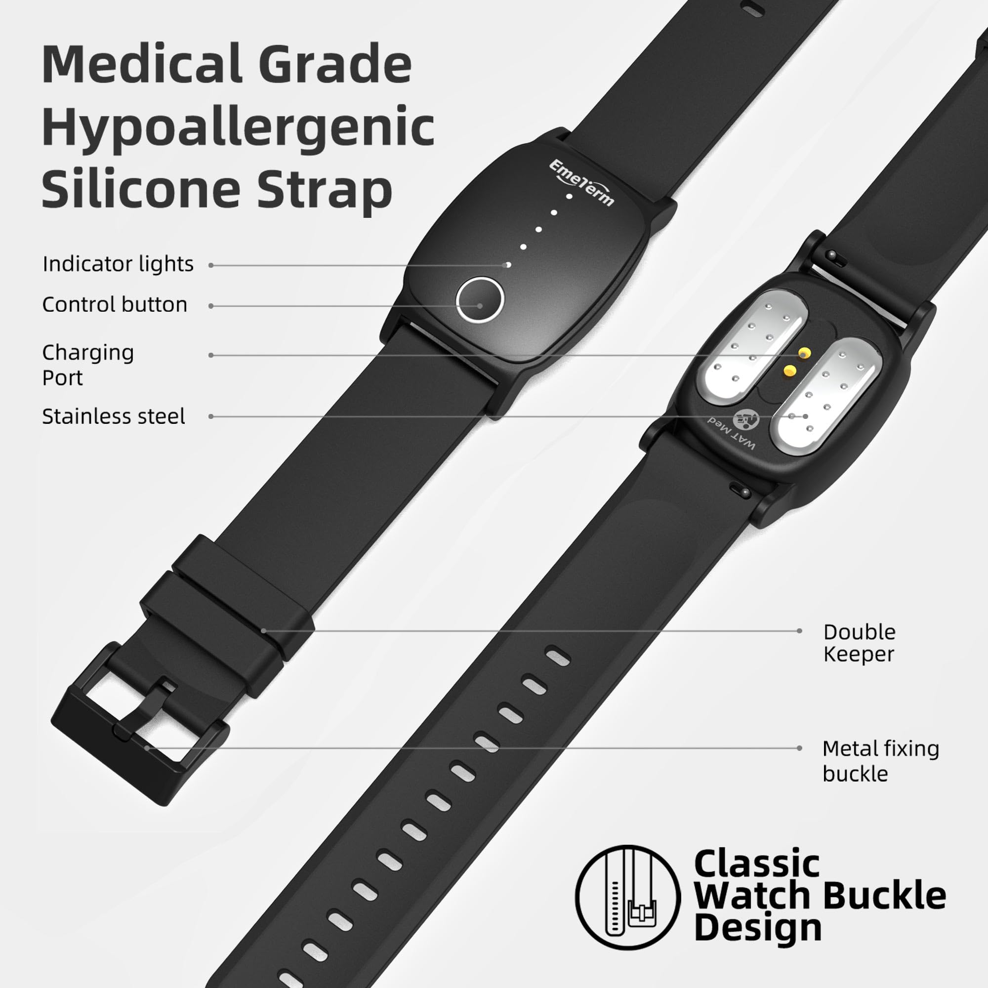EmeTerm Explore FDA-Cleared Anti-Nausea Wristband IP67 Waterproof Morning Motion Sickness Relief Band Rechargeable Classic Strap Design Drug Free Non-drowsy Without Side Effects