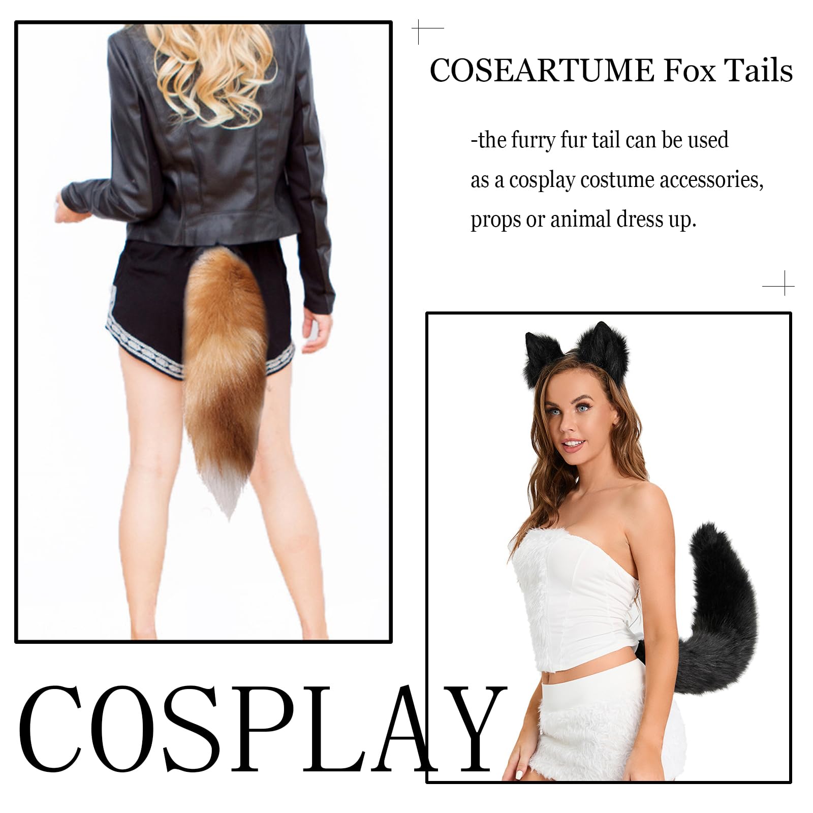 COSEARTUME Fluffy Therian Cat Wolf Tail Real Fox Fur Keychain Cosplay Toy Bag Keyring Halloween Costume for Kids Adult: Sunny Black