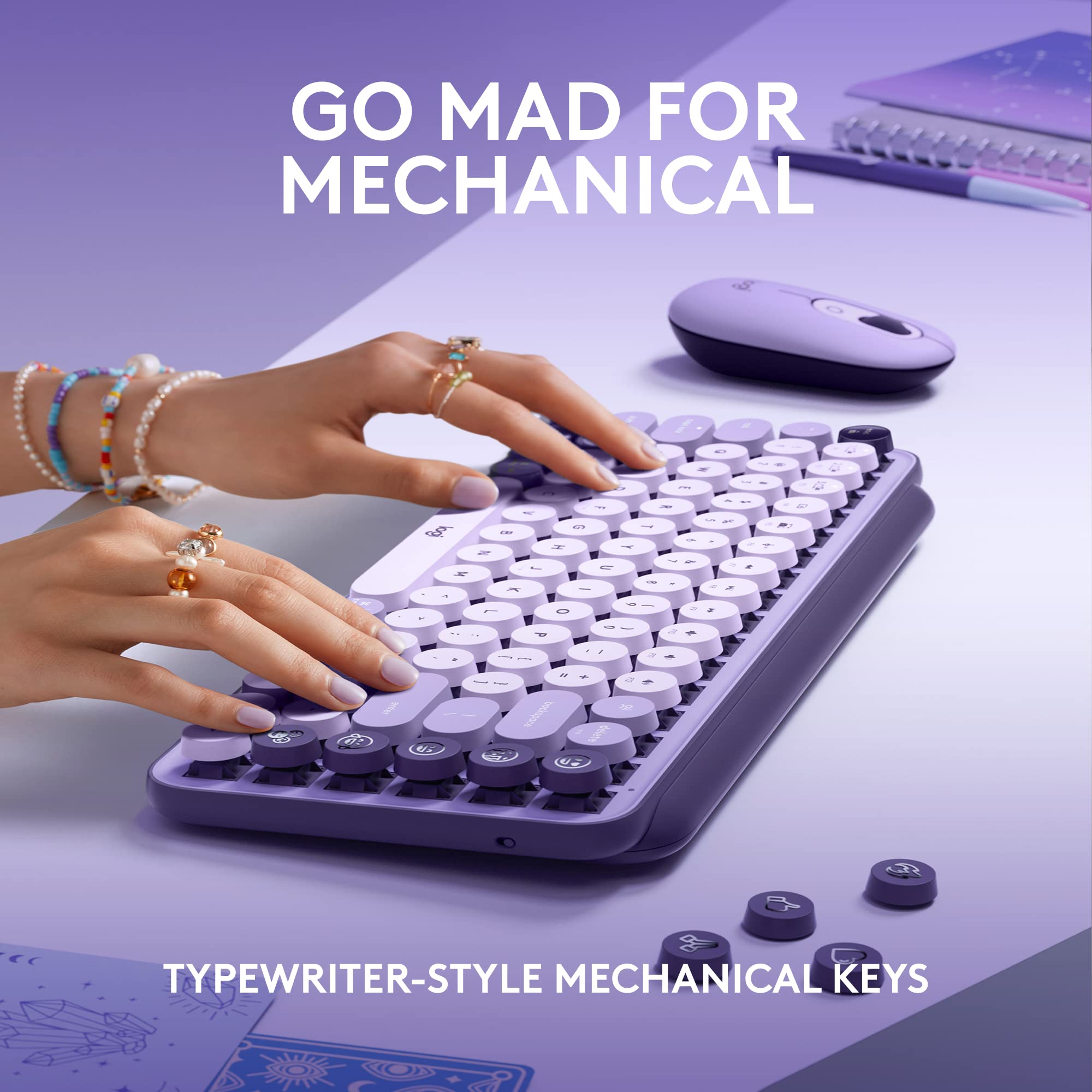 Logitech POP Keys Mechanical Wireless Keyboard with Customizable Emoji Keys, Durable Compact Design, Bluetooth or USB Connectivity, Multi-Device, OS Compatible - Cosmos: Cosmos POP Keys