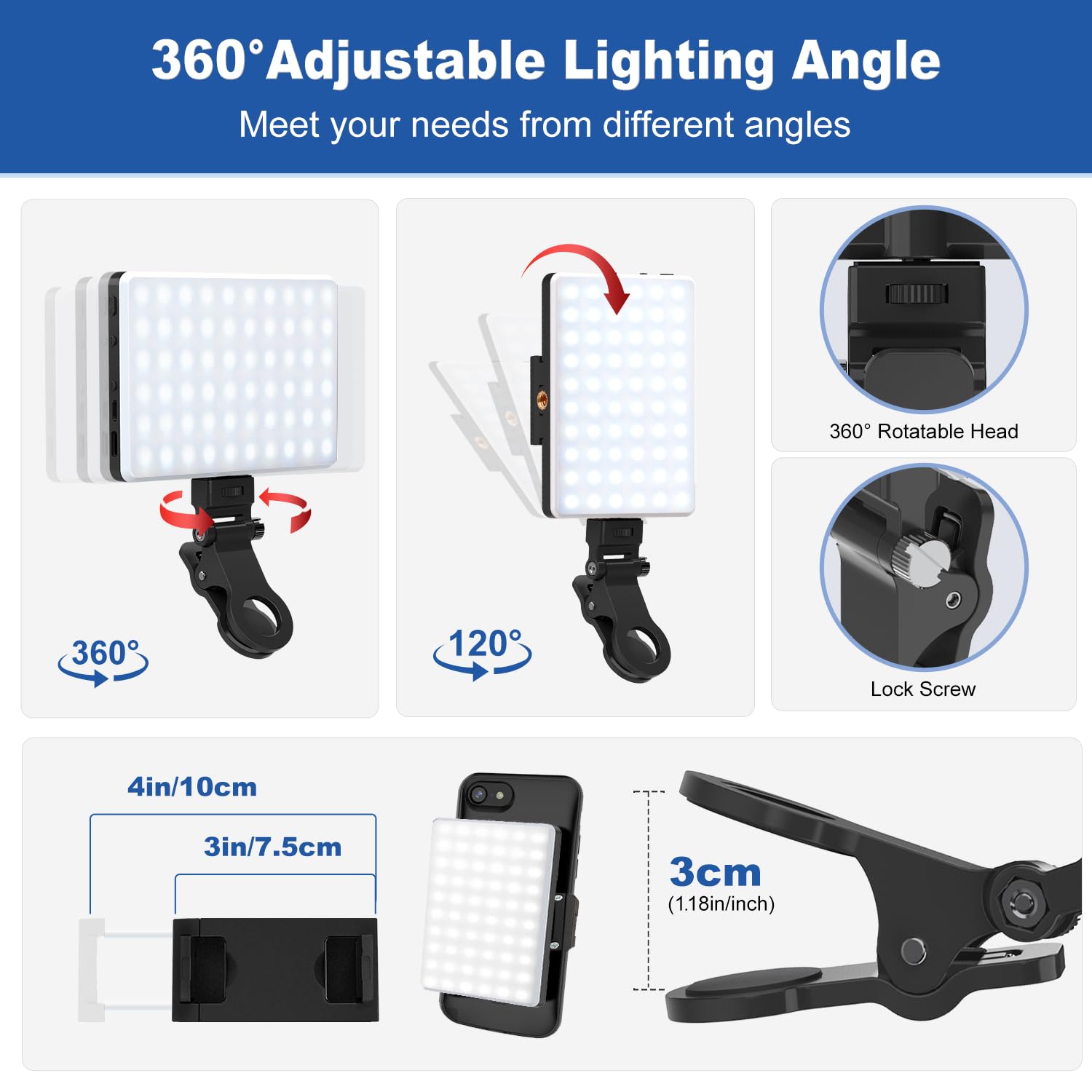 OLRPT Selfie Light, Phone Light Underwater Continuous Lights, 60 LED Portable Light with 3 Modes, 5000mAh Rechargeable Video Light for Phone, iPhone, IPad, Laptop, TikTok, Makeup, Live Stream, Vlog: Black