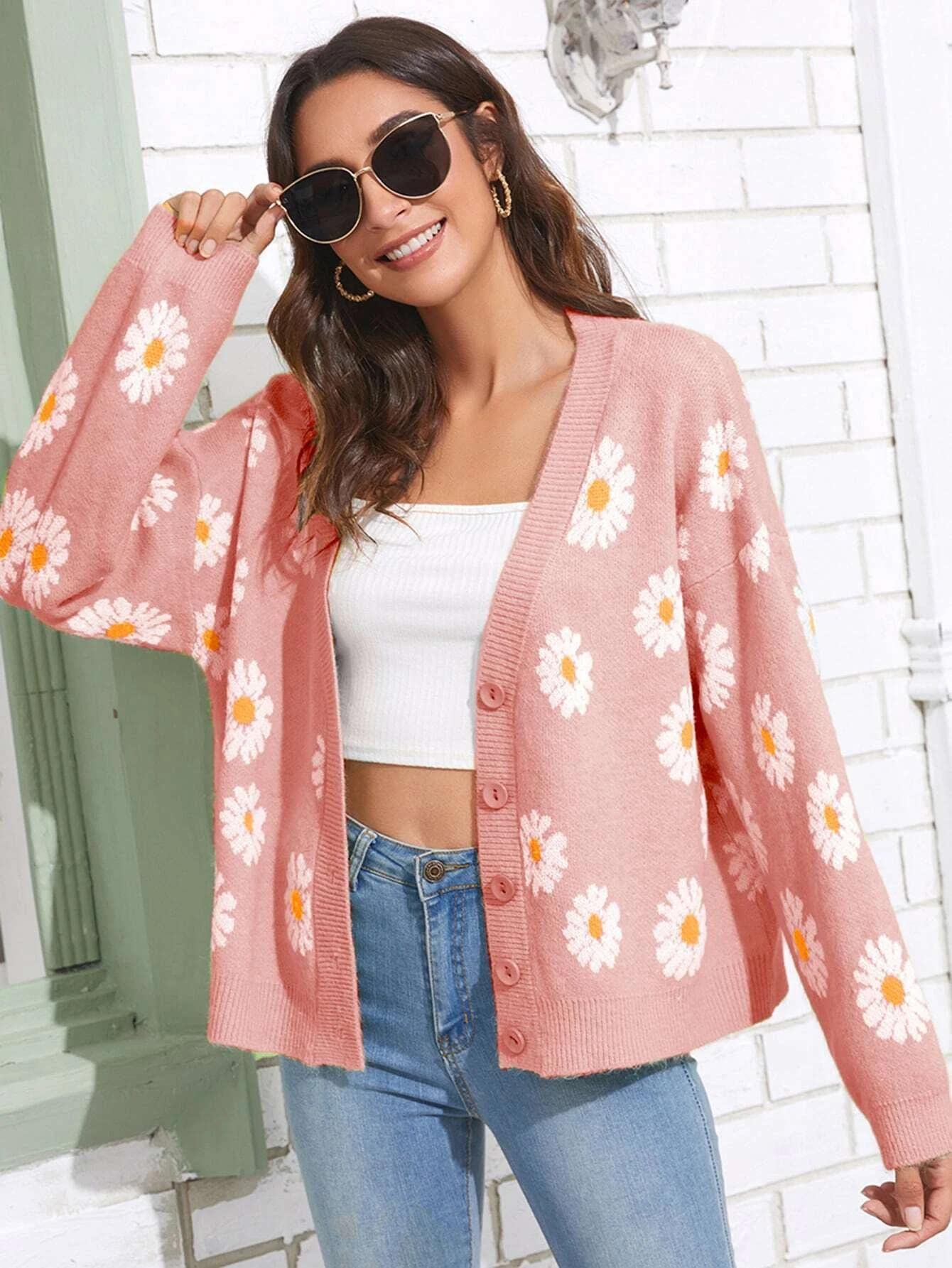 Women's Floral Print Cardigan Long Sleeve Open Front Button Down V Neck Knitted Sweaters