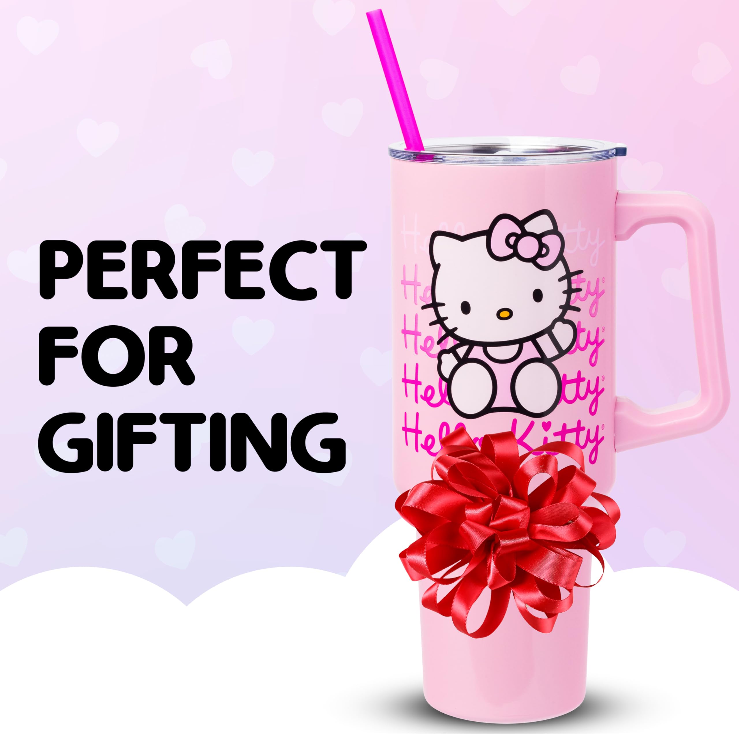 Silver Buffalo Sanrio Hello Kitty Waving Stainless Steel Tumbler with Handle and Straw, Fits in Standard Cup Holder, 40 Ounces