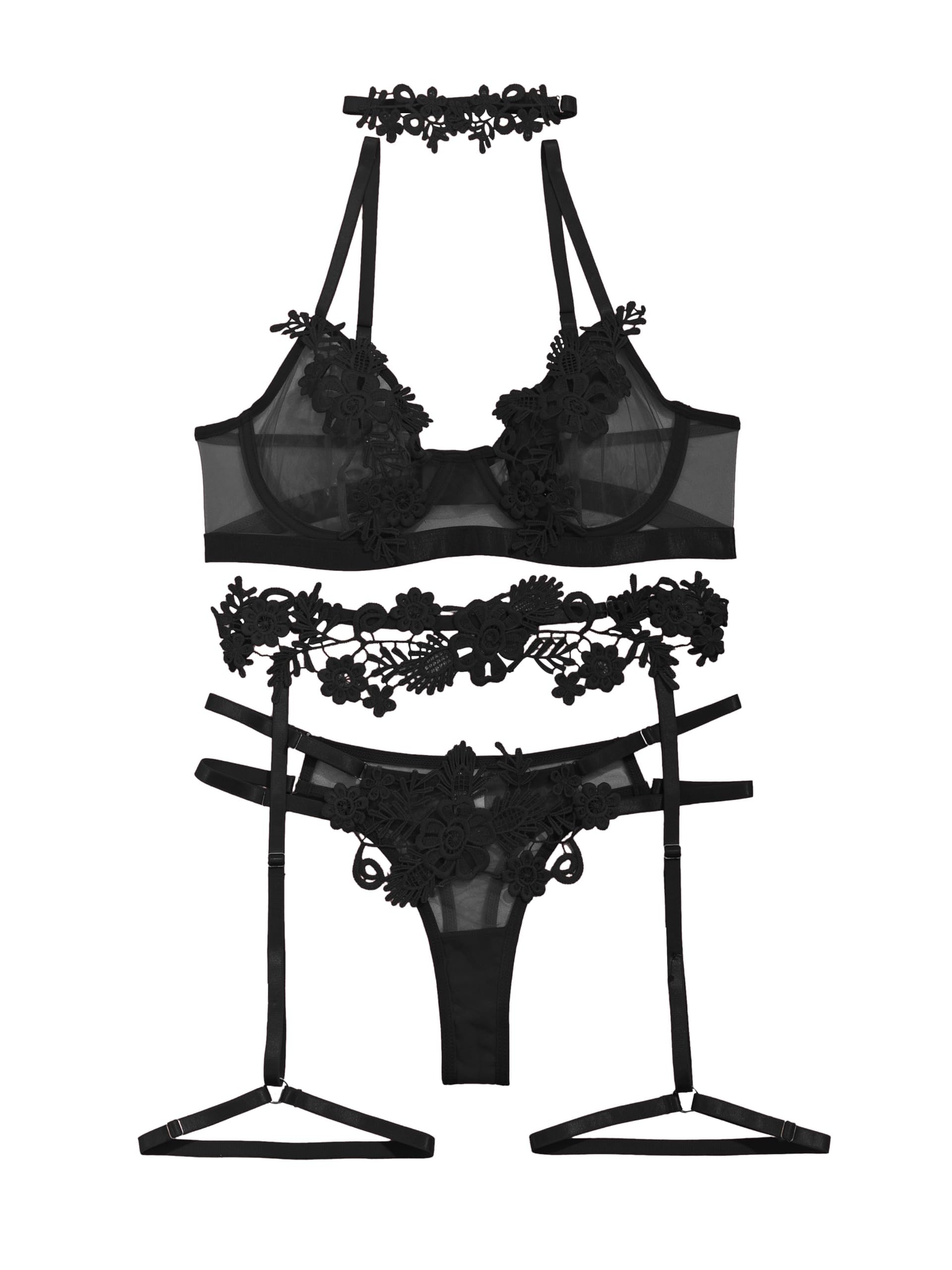 Lilosy Sexy Cute Applique Embroidered Underwire Push Up Garter Belt Chocker Lingerie Set: Small Black