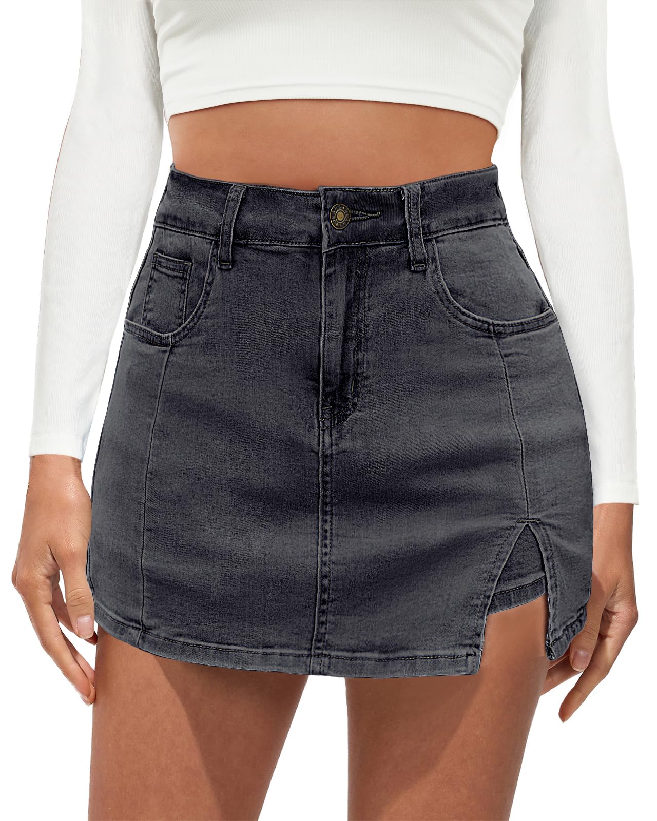 Vetinee Jean Skorts for Woman High Waisted Trendy Slit Stretchy Denim Skirt with Shorts Y2K Casual Summer Skorts Skirts
