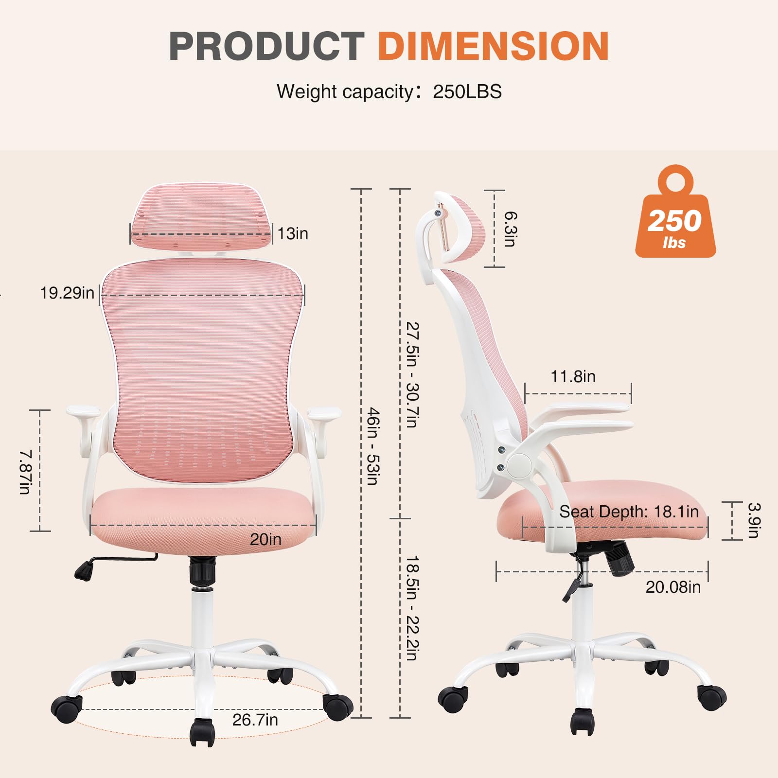 Sweetcrispy Home Office Computer Desk Chair, Ergonomic High-Back Mesh Rolling Work Chairs with Wheels and Adjustable Headrests, Comfortable Lumbar Support, Comfy Flip-up Arms for Bedroom,Study, Pink