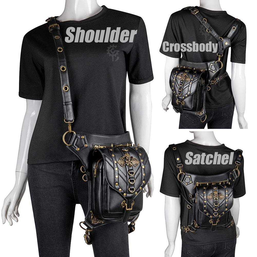 Steampunk Waist Bag Fanny Pack Fashion Gothic Leather Shoulder Crossbody Messenger Bags Thigh Leg Hip Holster Purse Travel Pouch Hiking Sport Chain Bags for Women Men