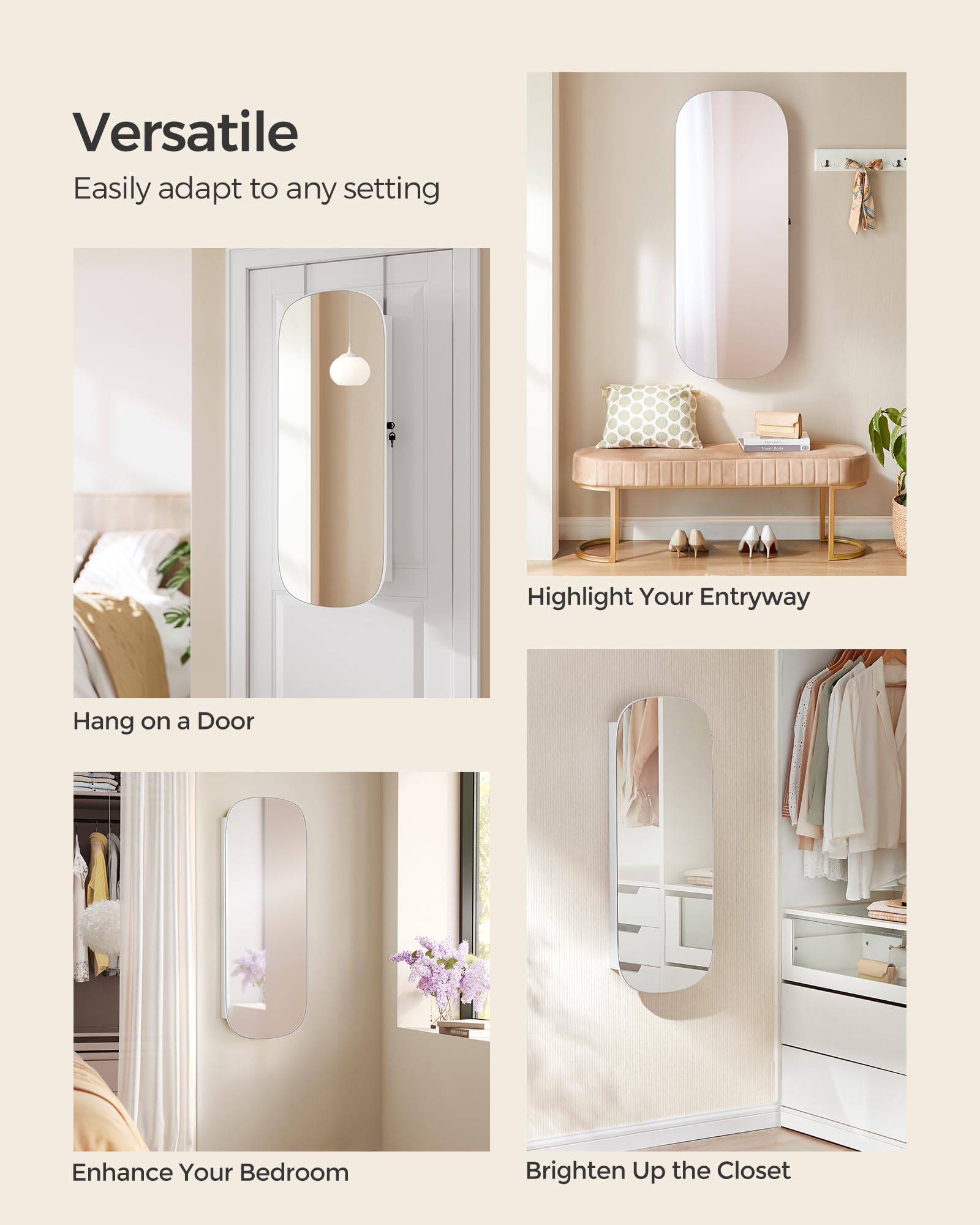 SONGMICS Jewelry Organizer, LED Jewelry Cabinet Wall or Door Mounted, Lockable Rounded Wide Mirror with Storage, Interior Mirror, 3.9 x 16.5 x 42.5 Inches, White Surface with Greige Lining UJJC026W01