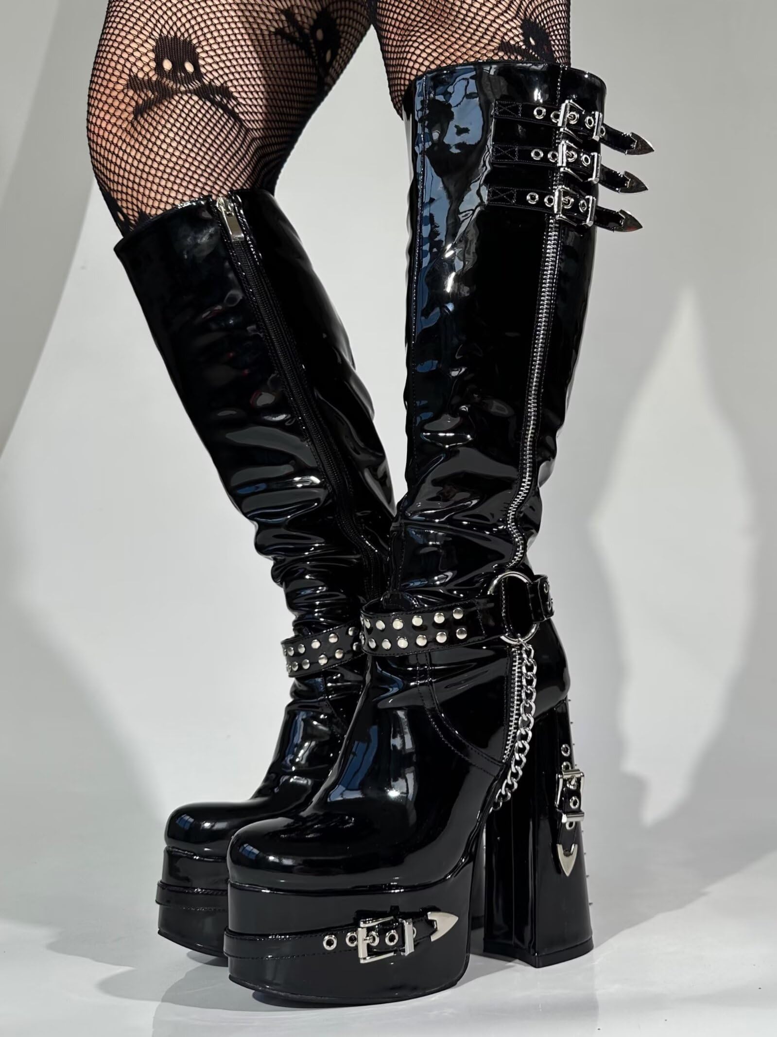 Frankie Hsu Goth Sexy Chunky Platform Knee High Heeled Boots, Black Patent Silver Chain Rivets Ring Buckle Gothic, Punk Y2K Hot Girl Big Large Size Wide Calf Shoes For Women Men: 7
