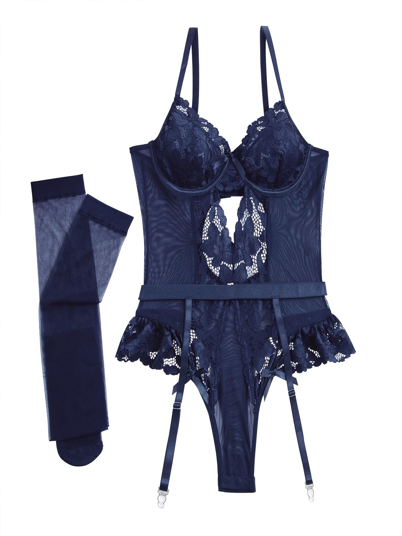 Lilosy Sexy Stocking Lace Mesh Bodysuit Top Underwire Garter Lingerie Set 3 Piece: Large Navy Blue