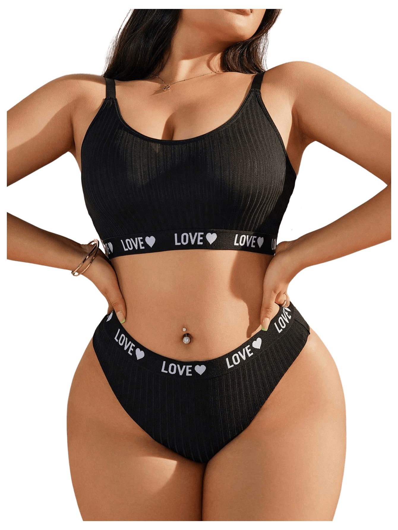 SOLY HUX Women's Plus Size Lingerie Set Bra and Panty Letter Heart Print Underwear Sets: X-Large