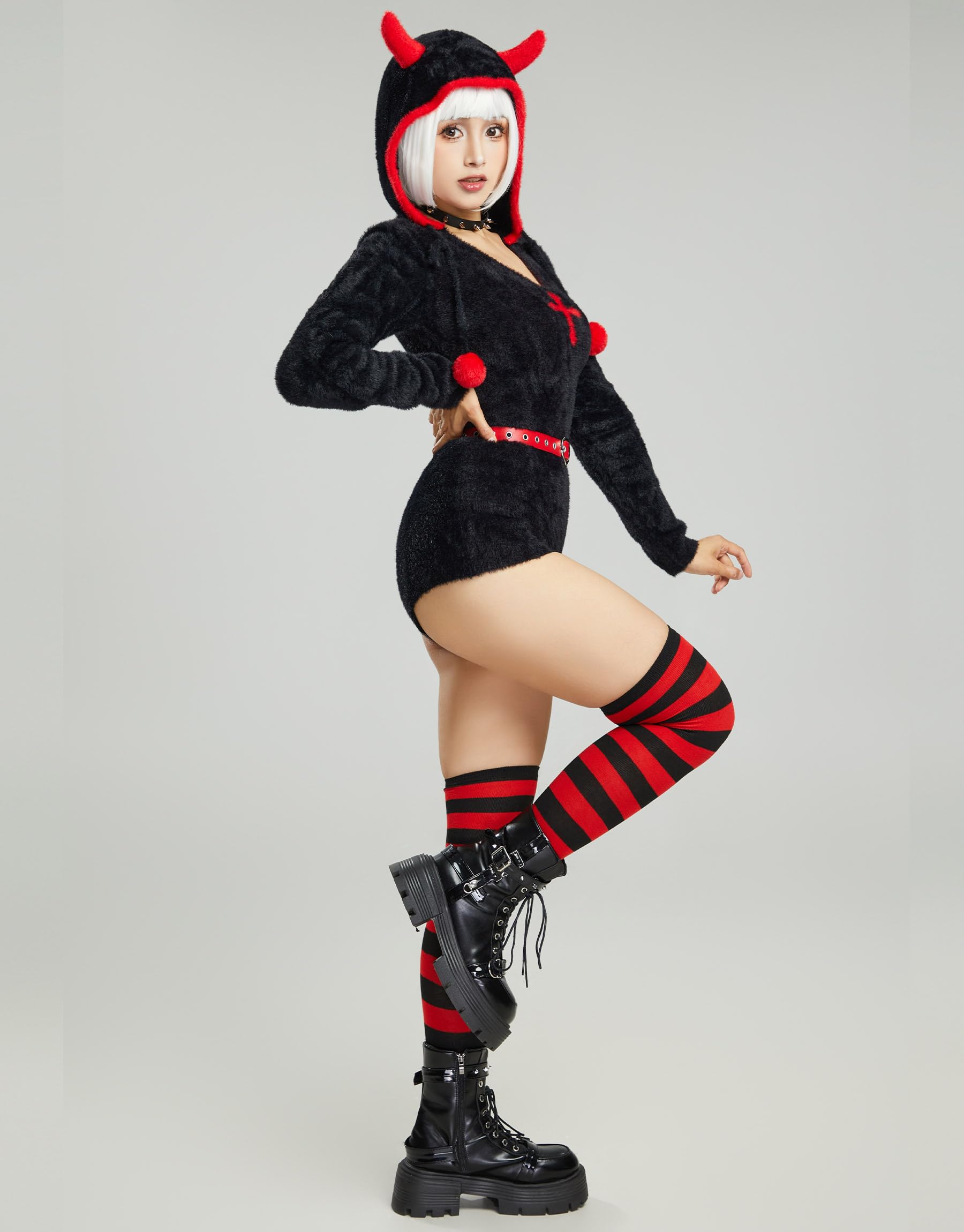 MEOWCOS Women Bodysuit Onesie Pajamas Gothic Halloween Romper Hooded Bodysuit with Belt Choker