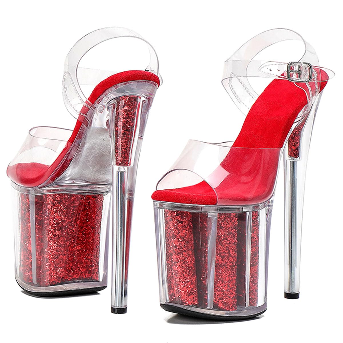 WUXIN H&P Women's Clear Platform Exotic Pole Dance Ankle-Strap Sandal 8 Inch Fashion Model Round Toe Sexy Stiletto Custom Dress shoes High Heel: 7 Red