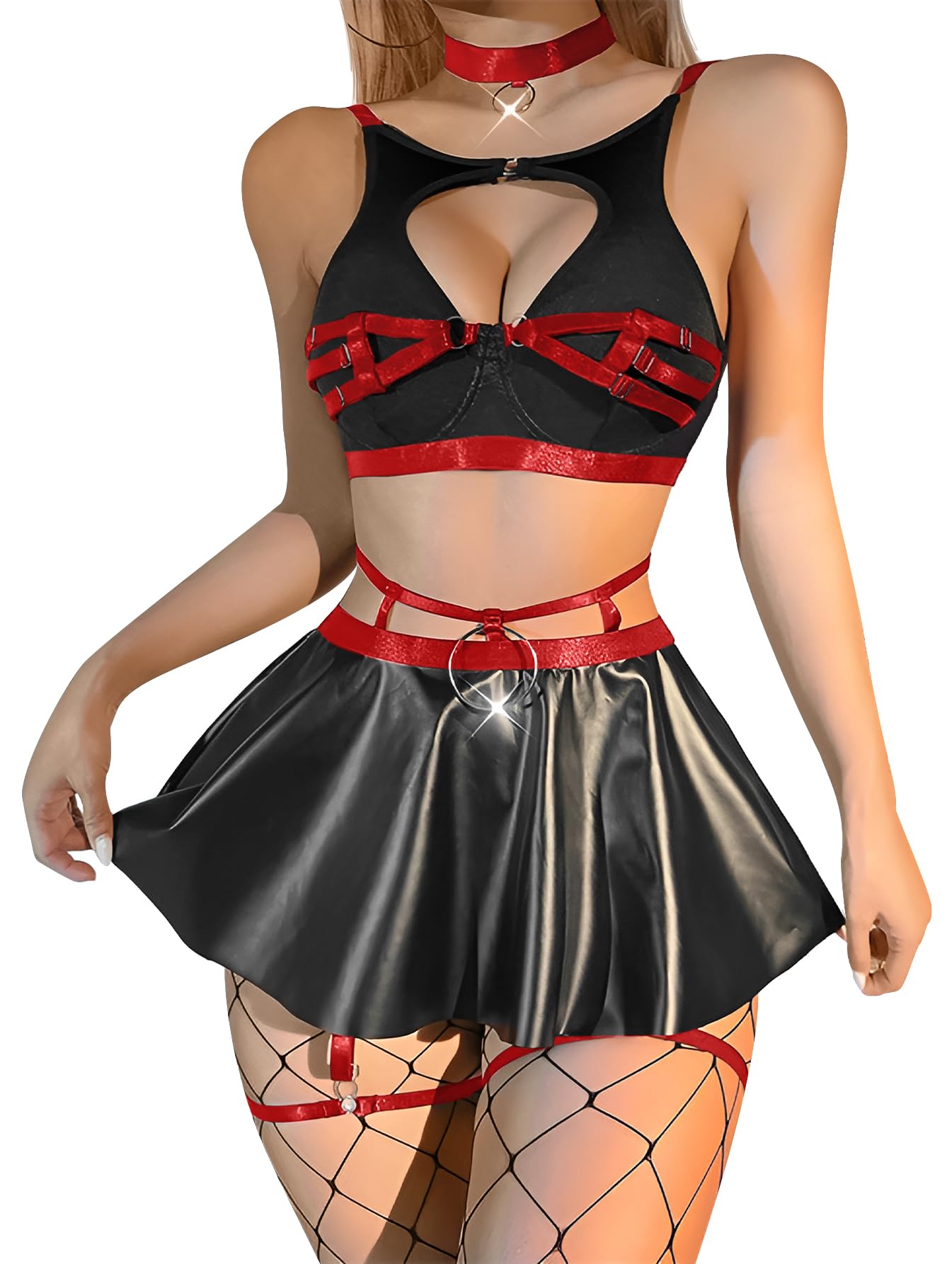 Lilosy Sexy Stocking Chocker Strappy Underwire O Ring Push Up Garter Belt Women Skirt 5 Piece: Large Black Red