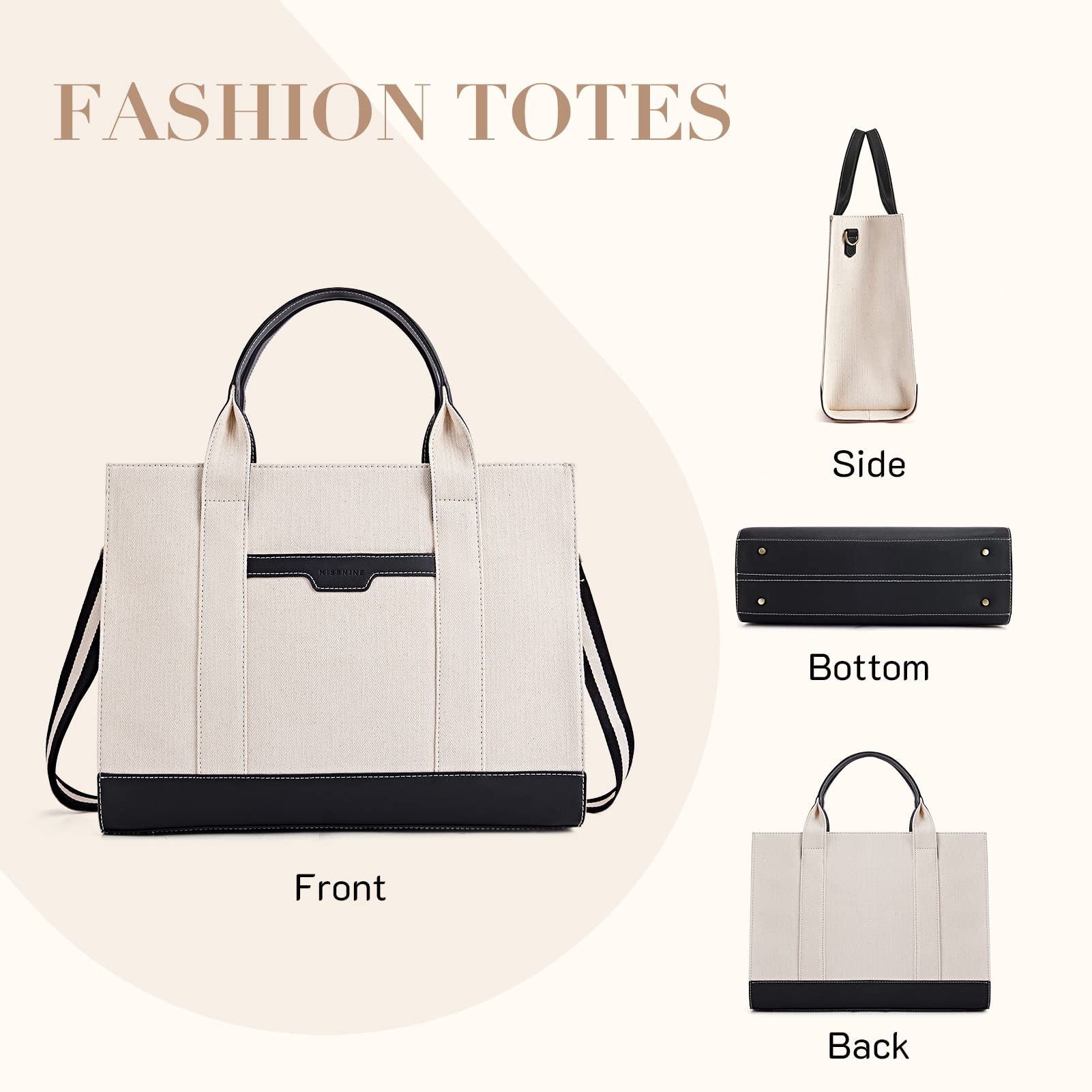 Missnine Tote Bag Canvas Laptop Bag 15.6 inch Briefcase for Women Large Capacity Handbag for Office, School, Travel