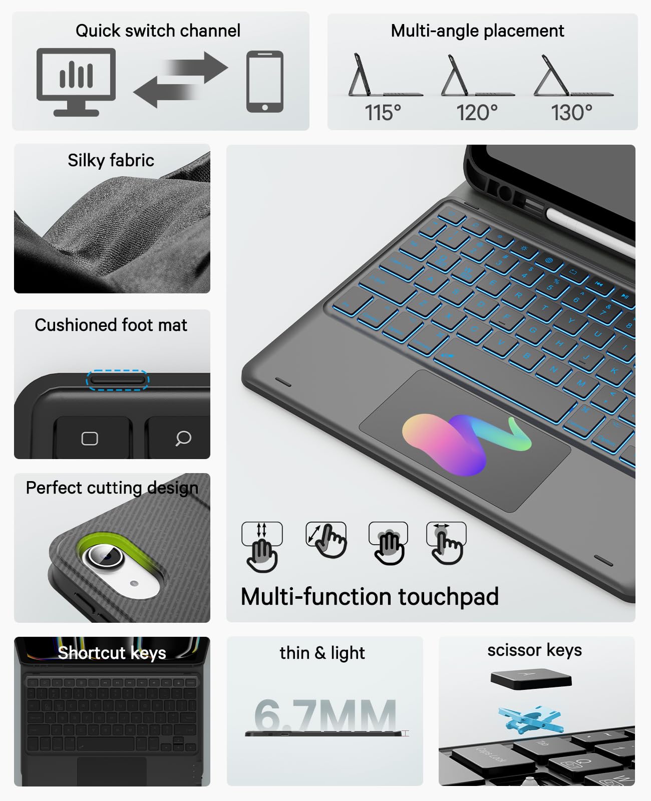 CHESONA for iPad 10th Generation Case with Keyboard, 7 Color Backlight, Multi-Touch Trackpad, Flip Stand Case with Pencil Holder, 2 Wireless Channels for iPad (A16) 11th/10th Gen (2025/2022), Black
