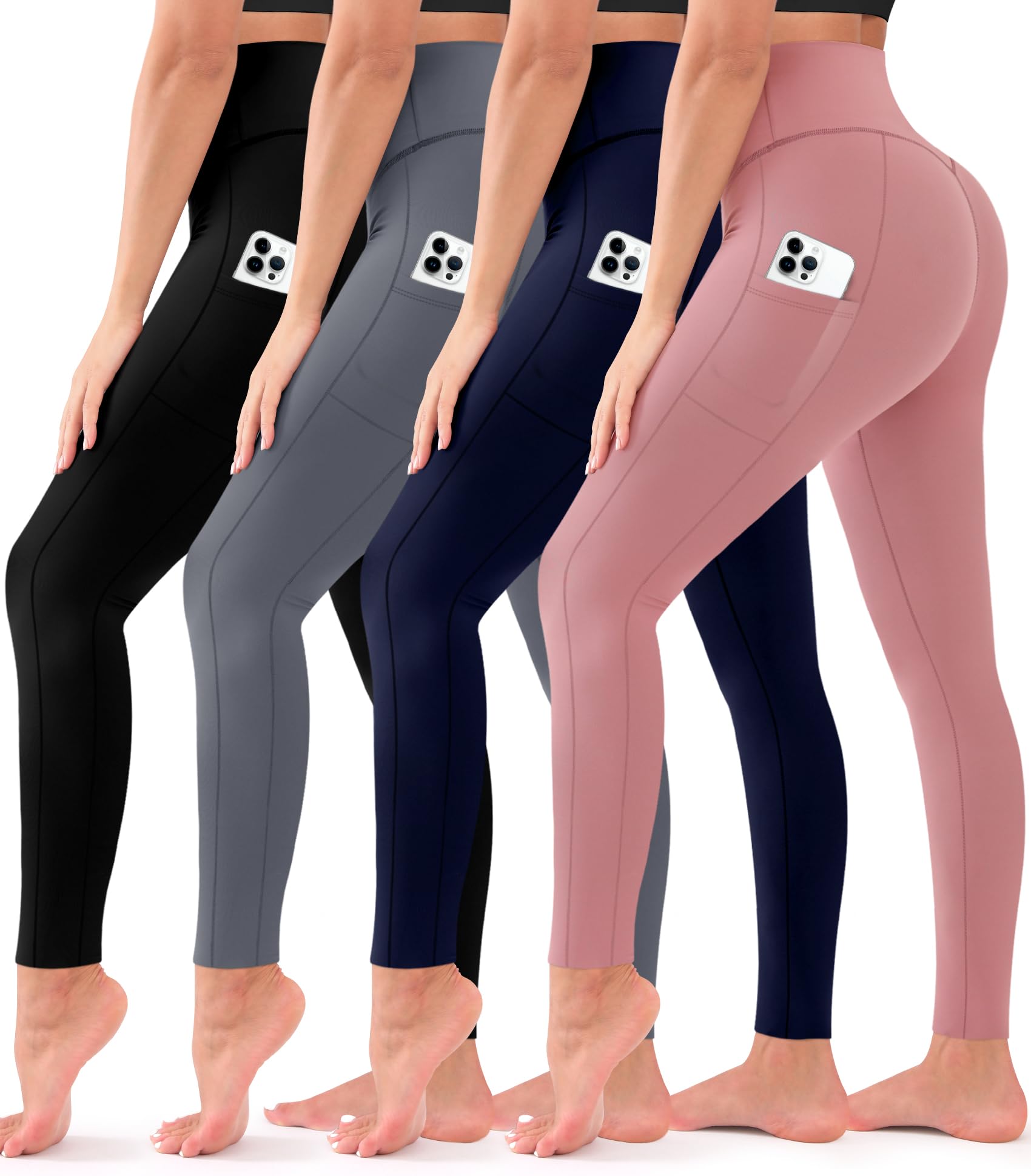 4 Pack Leggings for Women Butt Lift High Waisted Tummy Control No See-Through Yoga Pants Workout Running Leggings: 07-pockets-assort004 Small-Medium