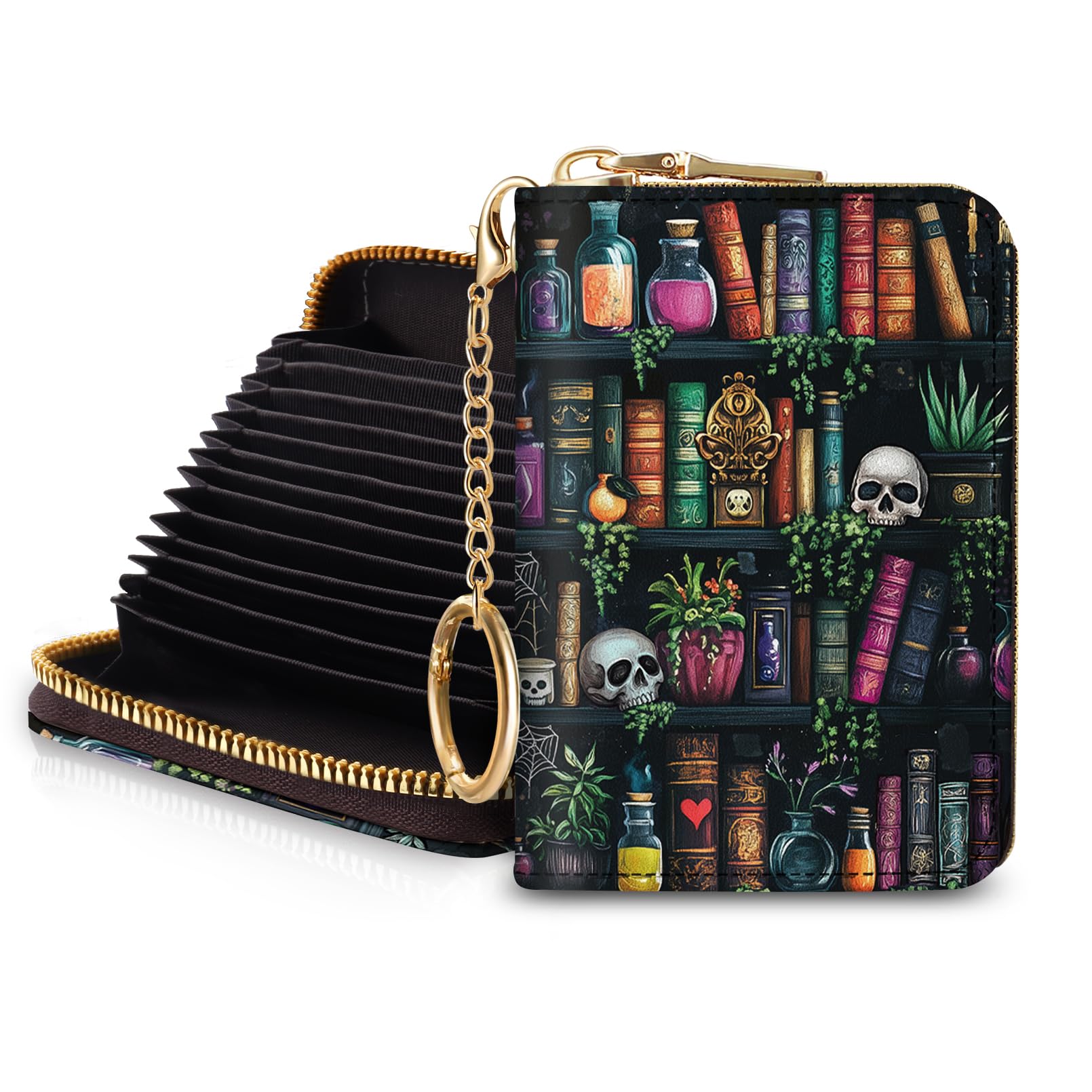 Blusabaca  Credit Card Holder for Women, Gothic Floral Small RFID Wallet with Zipper, Card Keychain Wallet, Leather Wallet Card Case, Business Accordion Wallet Gift: Bookshelf and Skull