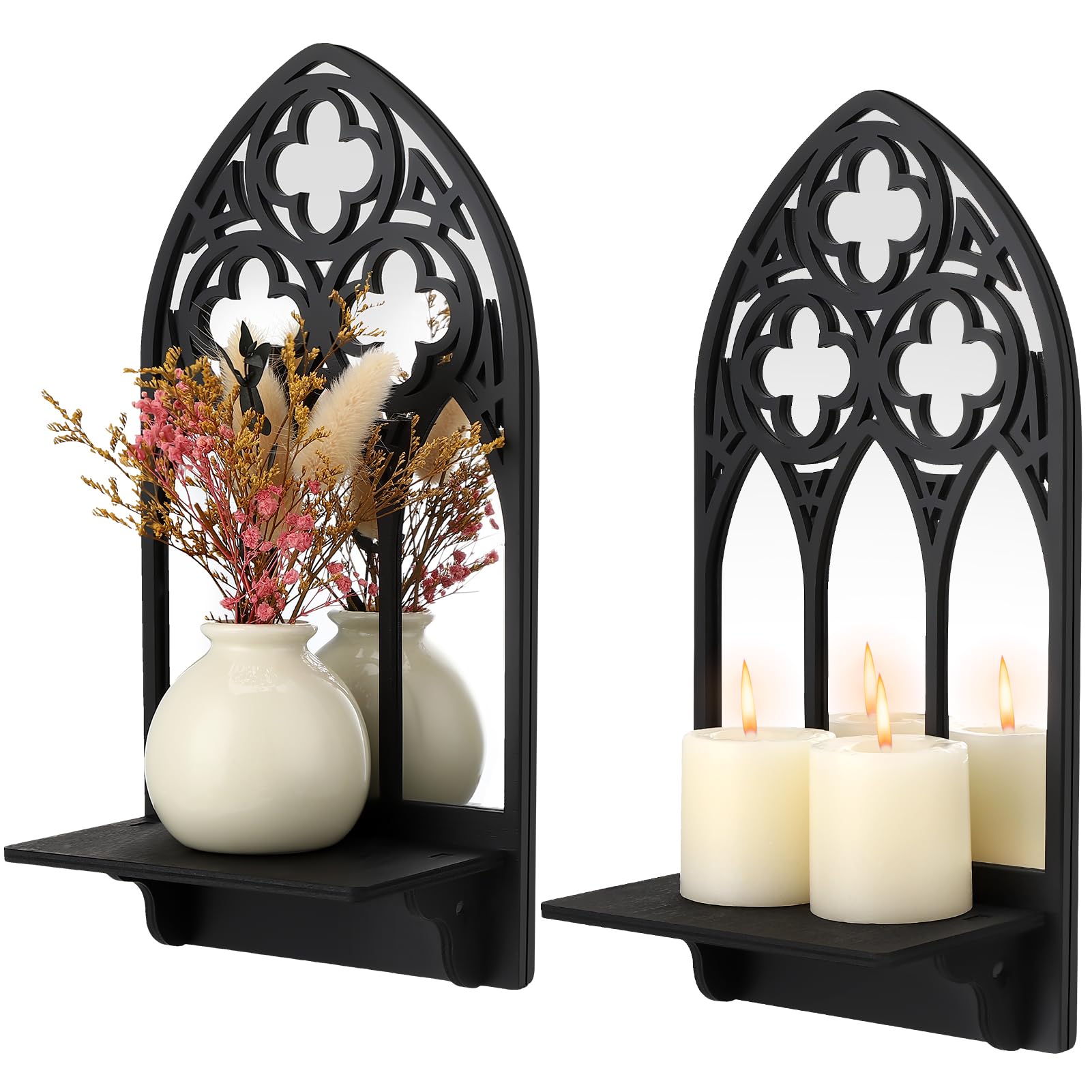 Ovveroche 2 Set Gothic Candle Sconces Wall Decor, Arch Cathedral Frame Gothic Wall Sconce Candle Holder for Bedroom, Bathroom, Dining Room, Living Room, Black