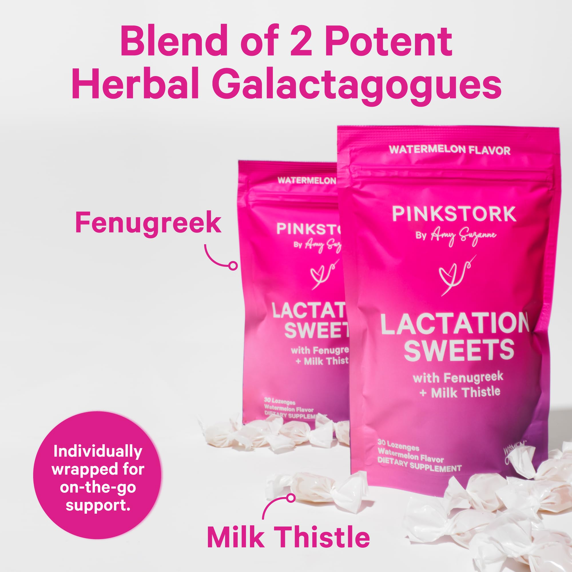 Pink Stork Lactation Sweets Supplement, Breastfeeding Snacks with Fenugreek and Milk Thistle to Support Breast Milk Supply - 30 Watermelon Candy Drops (Packaging May Vary) thumbnail 2