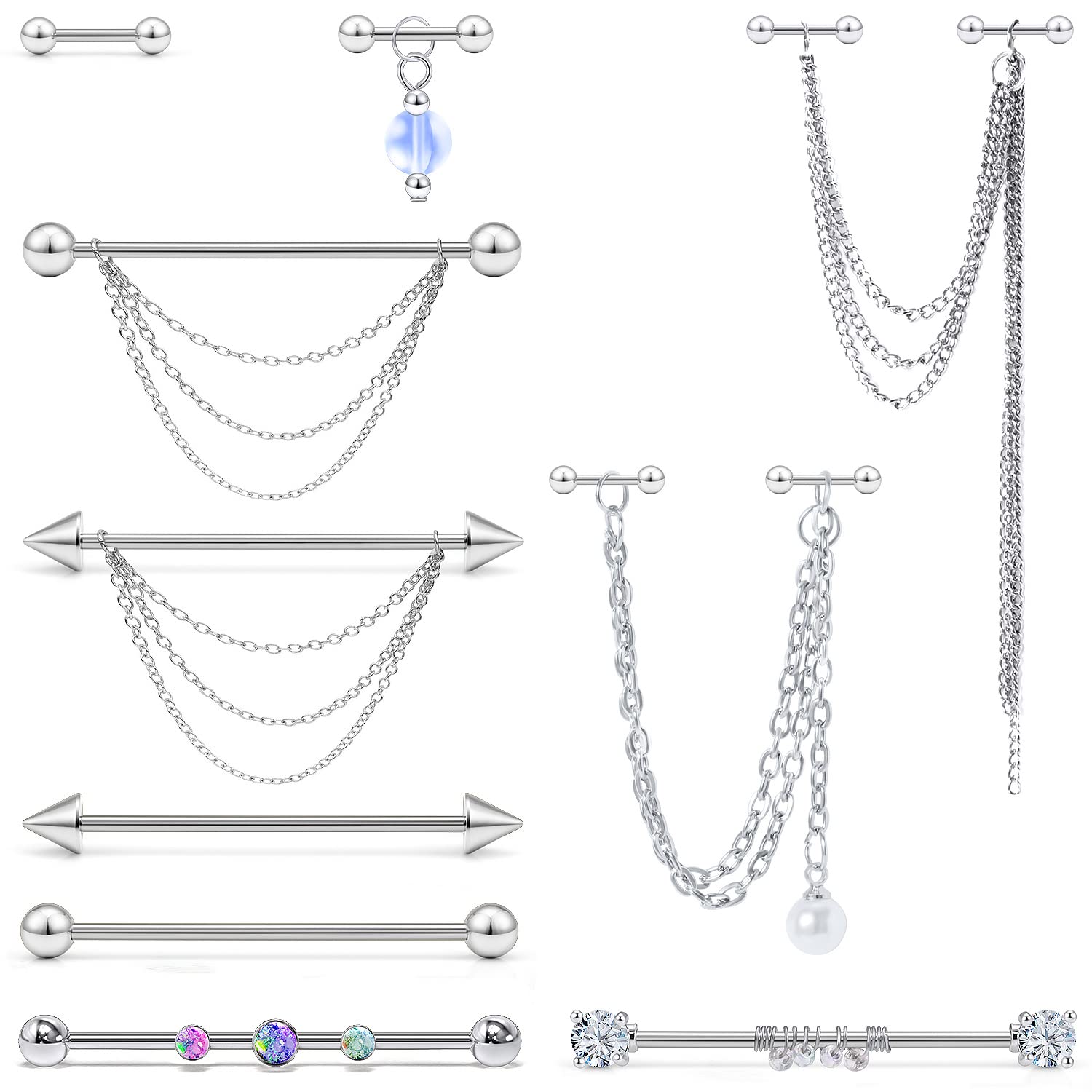 Teruiioy 14G Chain Industrial Earrings Stainless Steel Industrial Piercing Jewelry Double Helix Piercing Earrings for Women Men