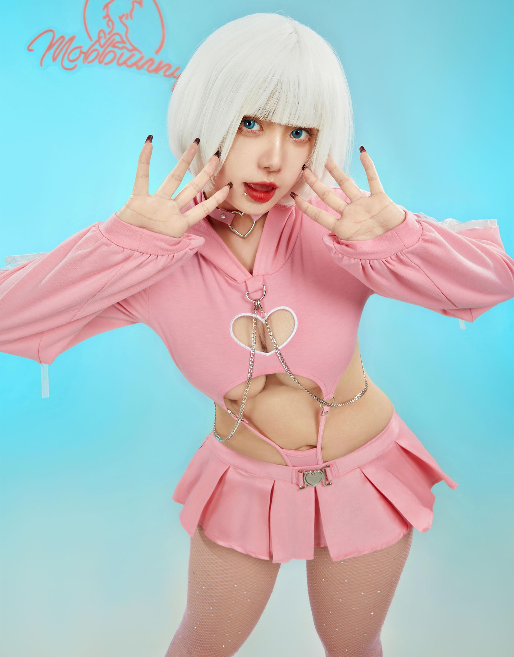 Mobbunny Valentine's Day Cute Bodysuit Lingerie for Women Pink Heart Cutout Hoodie and Skirt with Thong Pantyhose: Medium Pink