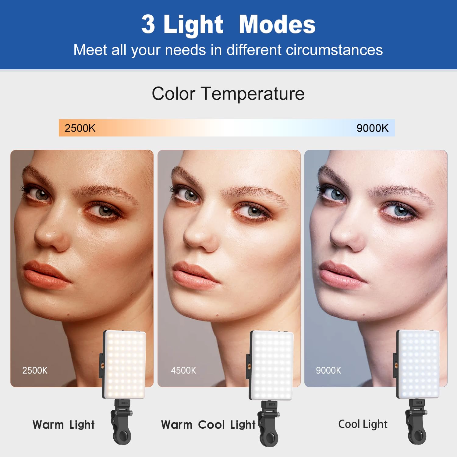 OLRPT Selfie Light, Phone Light Underwater Continuous Lights, 60 LED Portable Light with 3 Modes, 5000mAh Rechargeable Video Light for Phone, iPhone, IPad, Laptop, TikTok, Makeup, Live Stream, Vlog: Black