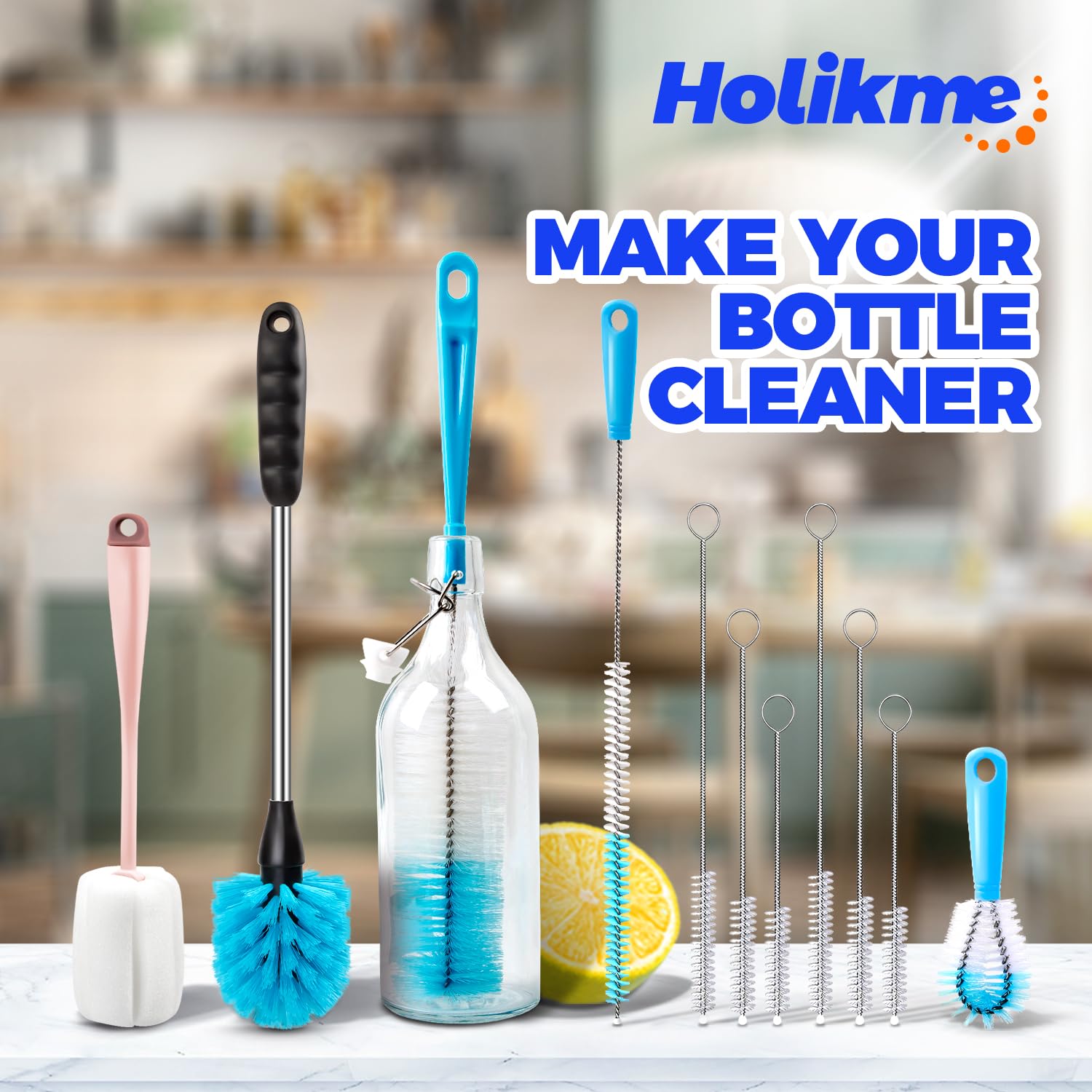 Holikme Bottle Brush Tube Cleaning Lab Set with Long Handle, Cup Cleaner for Washing Narrow Neck Beer Wine Decanter Pipes Lids Sinks Cap Covers,