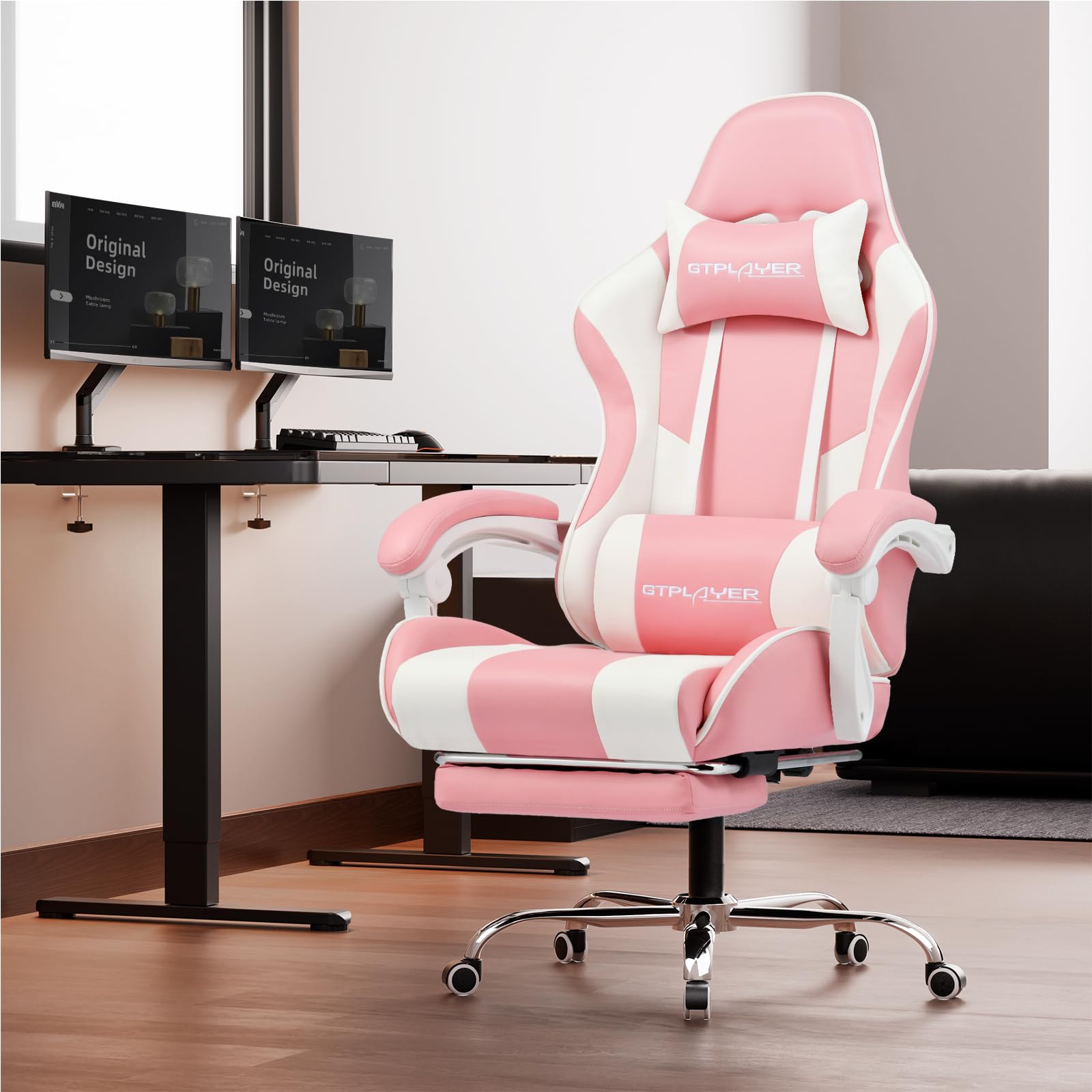 GTPLAYER Gaming Chair, Computer Chair with Footrest and Lumbar Support, Height Adjustable Game Chair with 360°-Swivel Seat and Headrest and for Office or Gaming (Faux Leather, )
