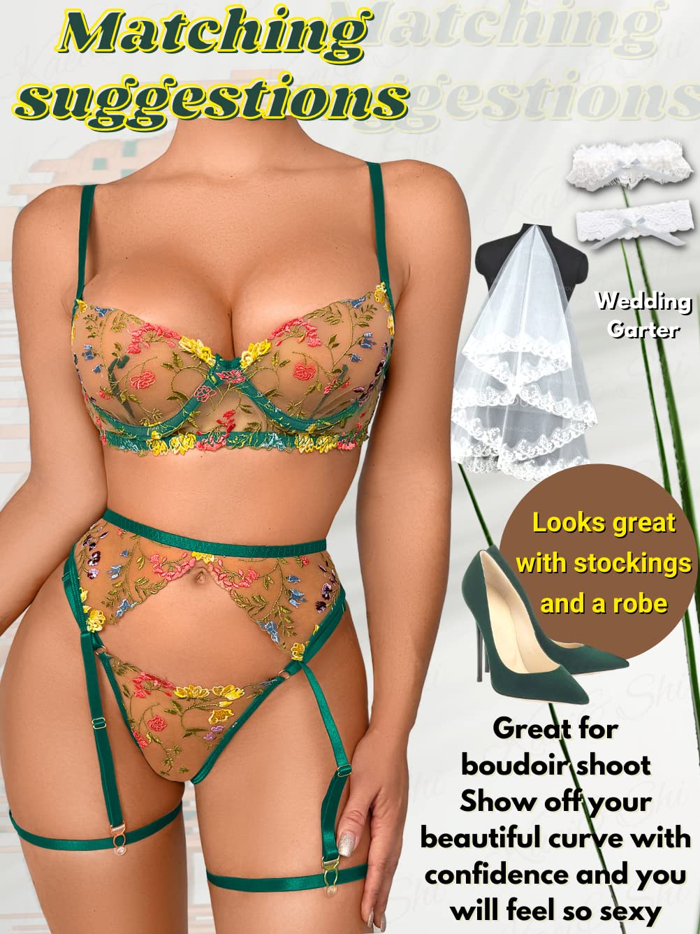 Kaei&Shi Vibrant Floral Embroidery, Underwire, Thong, Thigh Straps, Lingerie Set: 4-6 Green