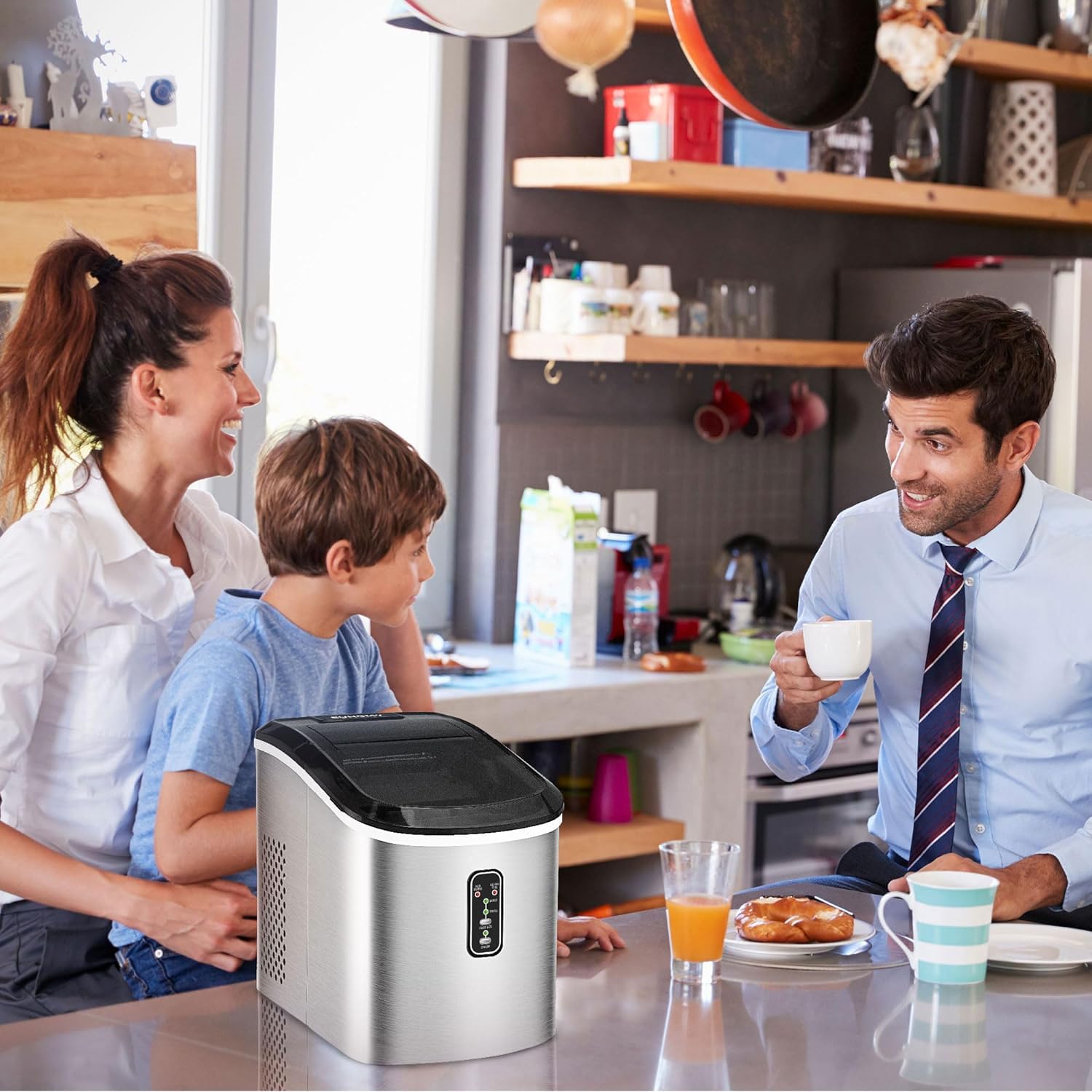 EUHOMY Nugget Ice Maker Countertop with Handle, Ready in 6 Mins, 34lbs Per Day, Removable Top Cover, Auto-Cleaning, Portable Sonic Ice Maker with Basket and Scoop, for Home/Party/RV/Camping (): Steel Silver