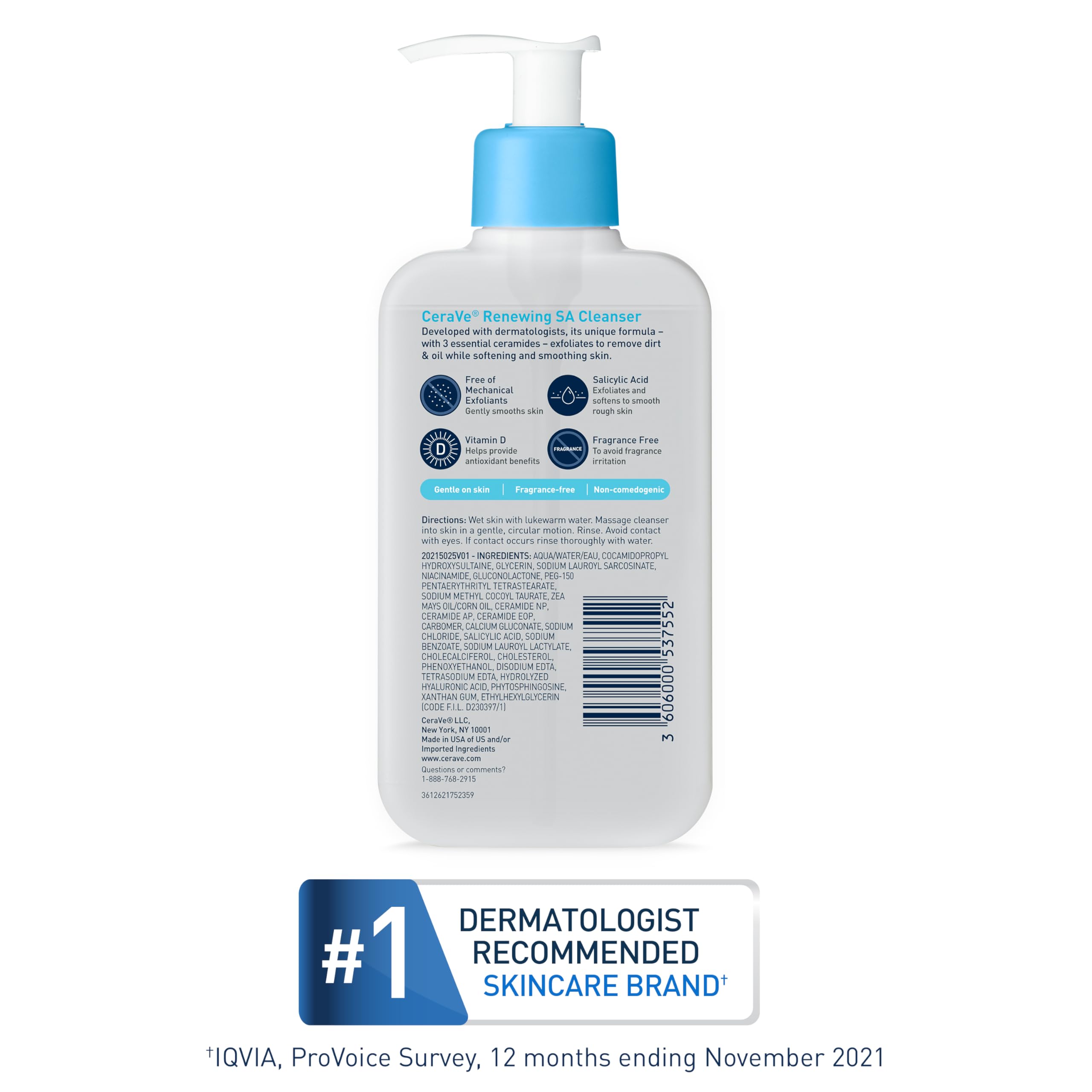 CeraVe Renewing Salicylic Acid Cleanser, Formulated With Hyaluronic Acid, Niacinamide, & Ceramides, Gentle BHA Exfoliating Face Wash Smooths & Softens Skin, Non Comedogenic & Fragrance Free, 16 Ounce: Fragrance Free 16 Fl Oz (Pack of 1)