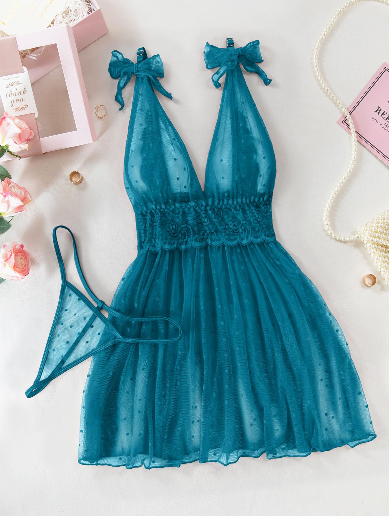 Lilosy Sexy Polka Dots Mesh Sheer Lace Babydoll Chemise Lingerie Set Floral Lace Sleep Wear: Small Turquoise