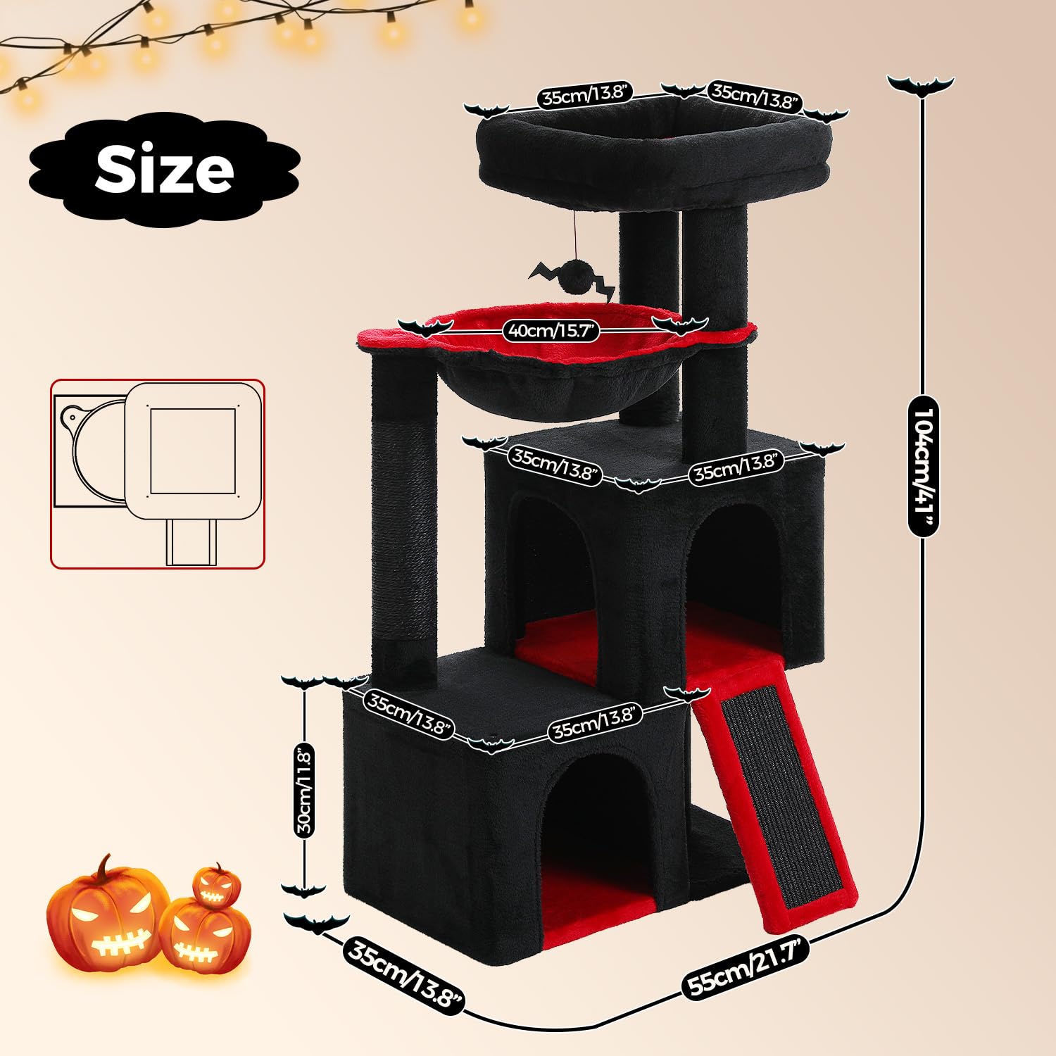 PAWZ Road Large Cat Tree, 41 Inches Gothic Cat Tower with 2 Spacious Condos for Indoor Cats, Large Black Cat House with Comfy Hammock, Padded Perch, Scratching Pad and Replaceable Balls-Black: 41 Inches Black