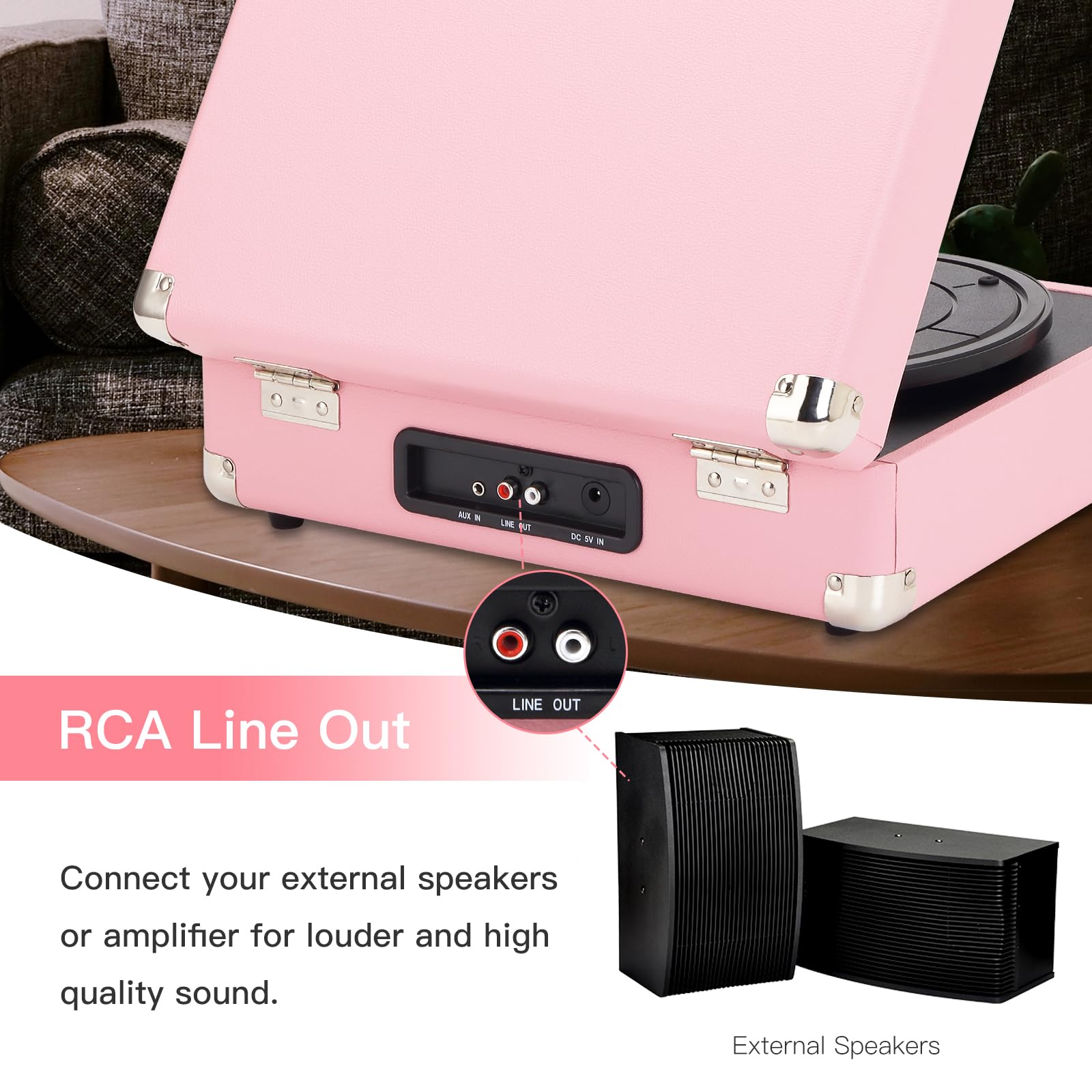 JORLAI Pink Vinyl Record Player 3 Speeds Portable Suitcase Turntable with Built-in Dual Speakers, Bluetooth Gramophone with Built-in Battery 3.5mm Aux Input/RCA Output