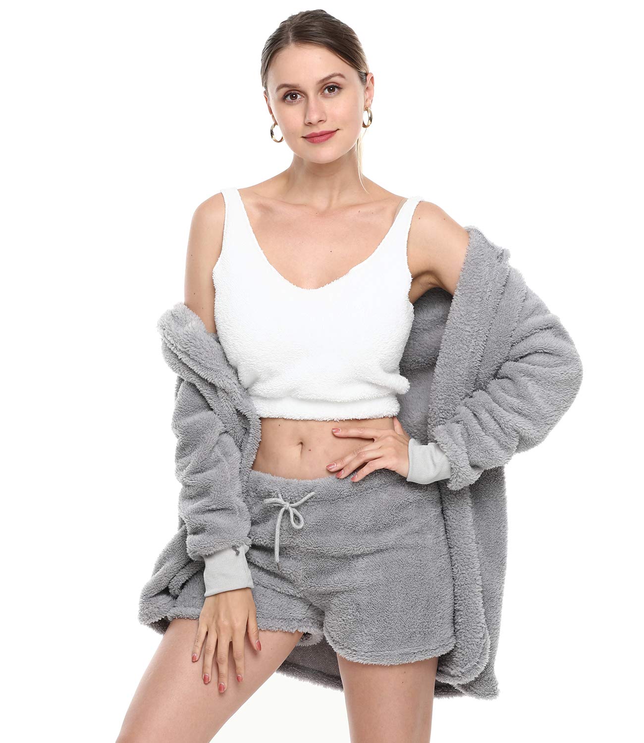 VNVNE Womens Sexy Fuzzy Warm Sherpa Fleece 3 Piece Outfit Fleece Coat Jacket Outwear and Spaghetti Strap Crop Top Shorts Set: Large Grey